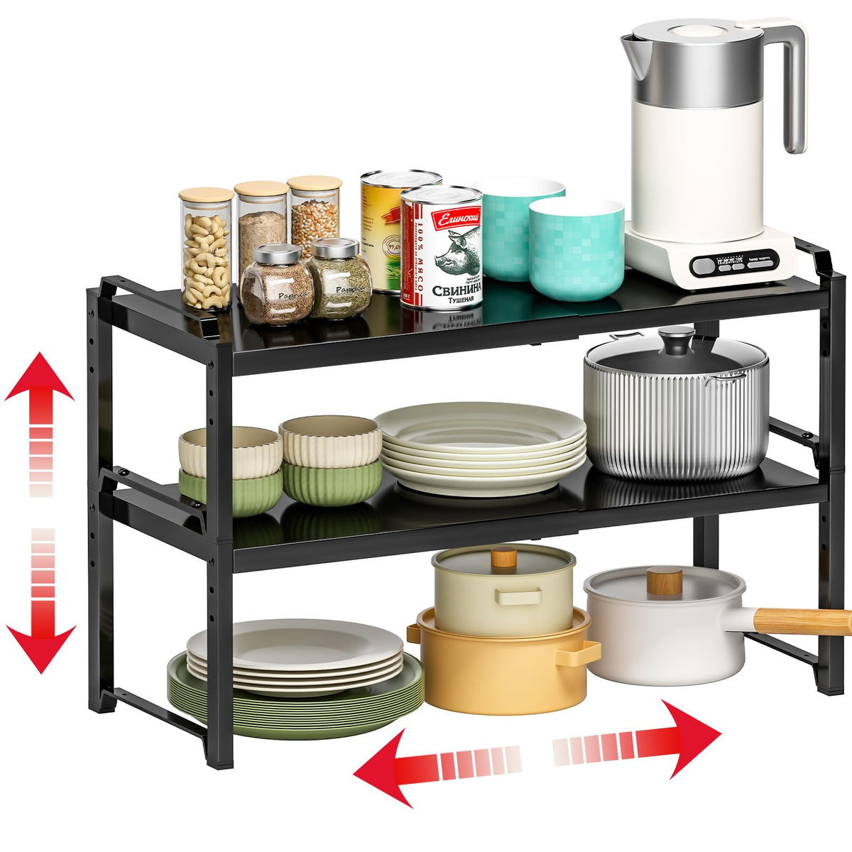 Baxikayon 2-Pack Expandable Cabinet Organizer Shelves, Stackable Shelf for Kitchen Countertop & Pantry Storage, Length 20.5", Black