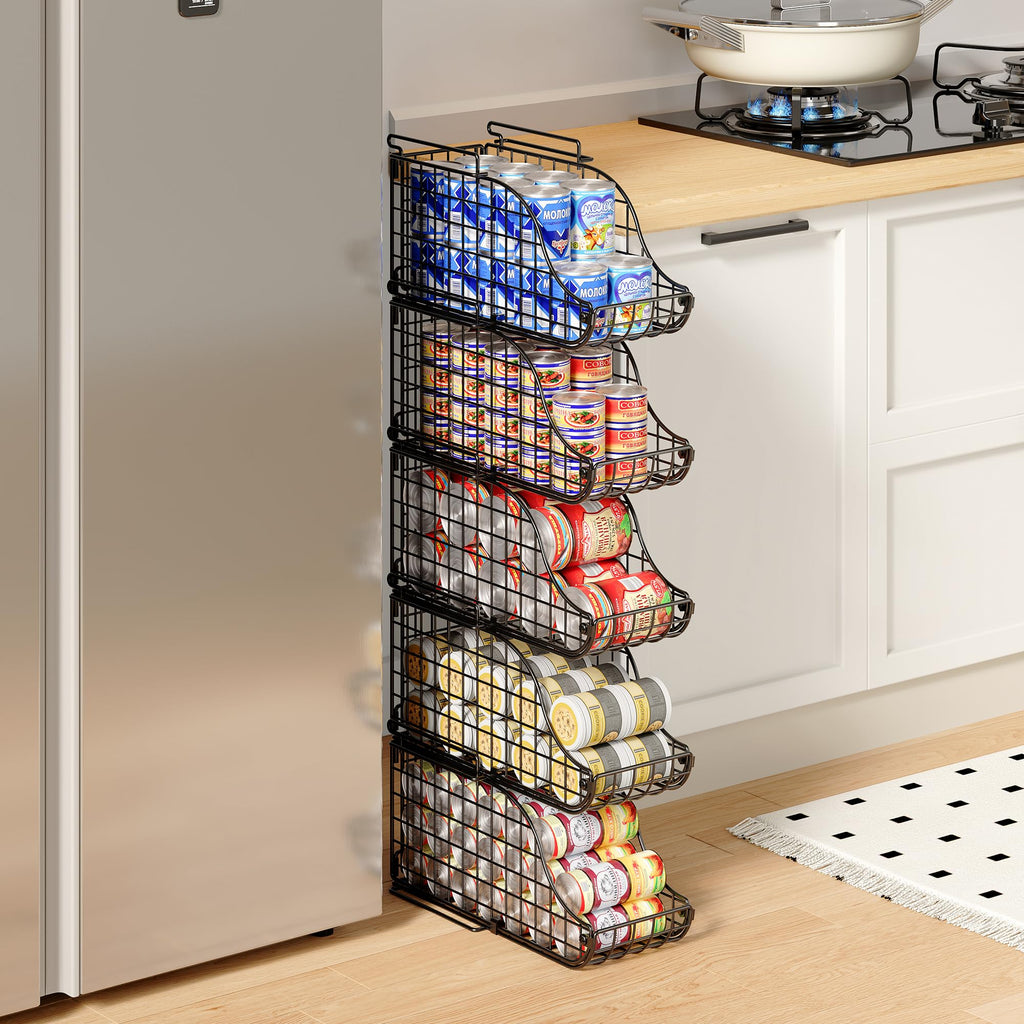 Baxikayon 4-Pack Stackable Can Organizer with Handles, Foldable Wire Soda & Canned Food Storage Rack for Kitchen Pantry Cabinet, Black