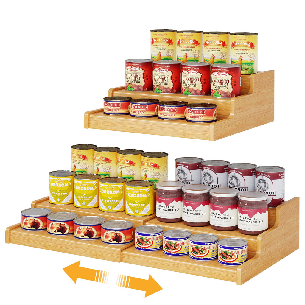 Baxikayon 3-Tier Expandable Bamboo Spice Rack Organizer, Adjustable Can Storage Shelf, Holds 24 Cans, Natural