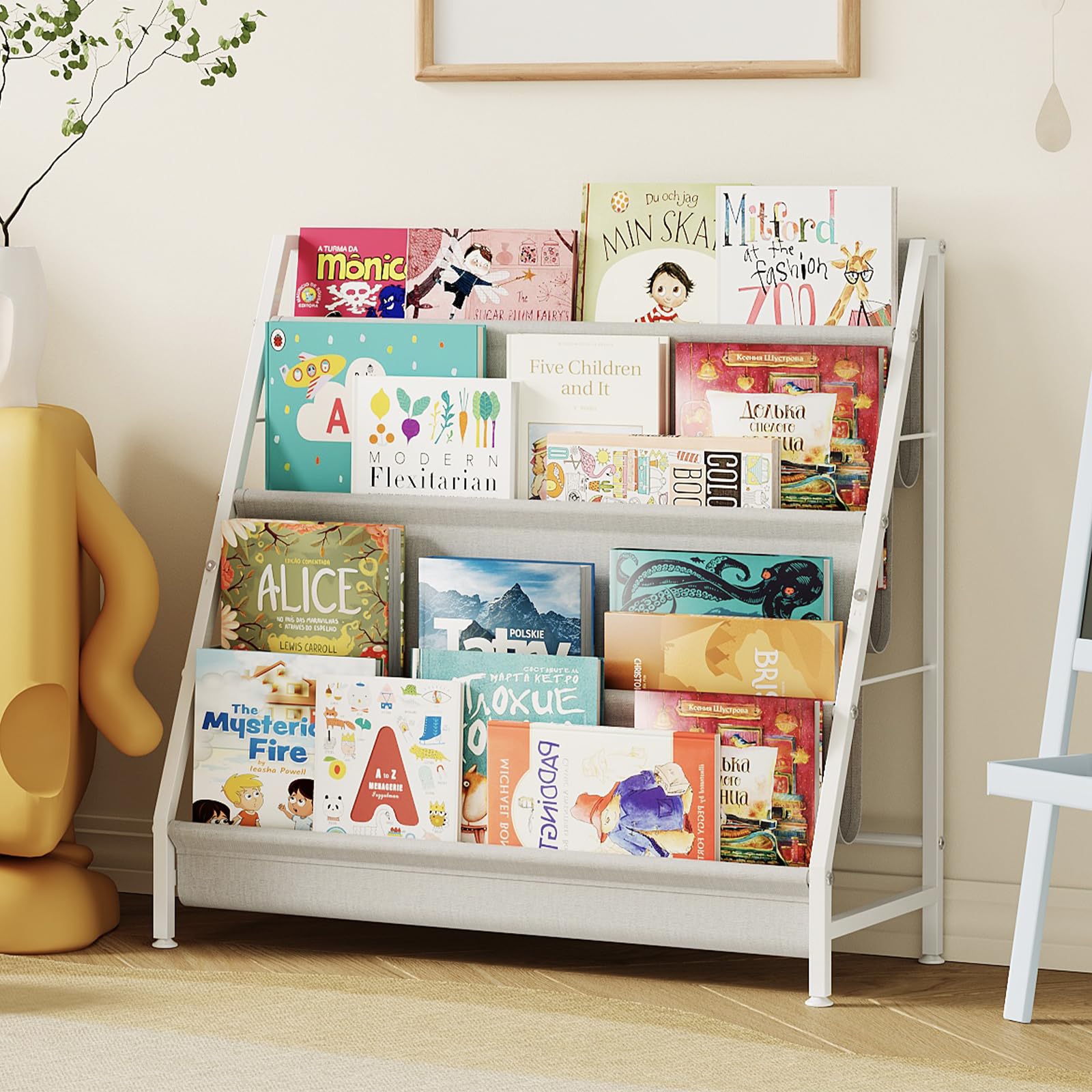 Baxikayon 4-Tier Kids Bookshelf with Canvas Pockets, Book Display Rack for Kids Room & Playroom, 28.34 in, White