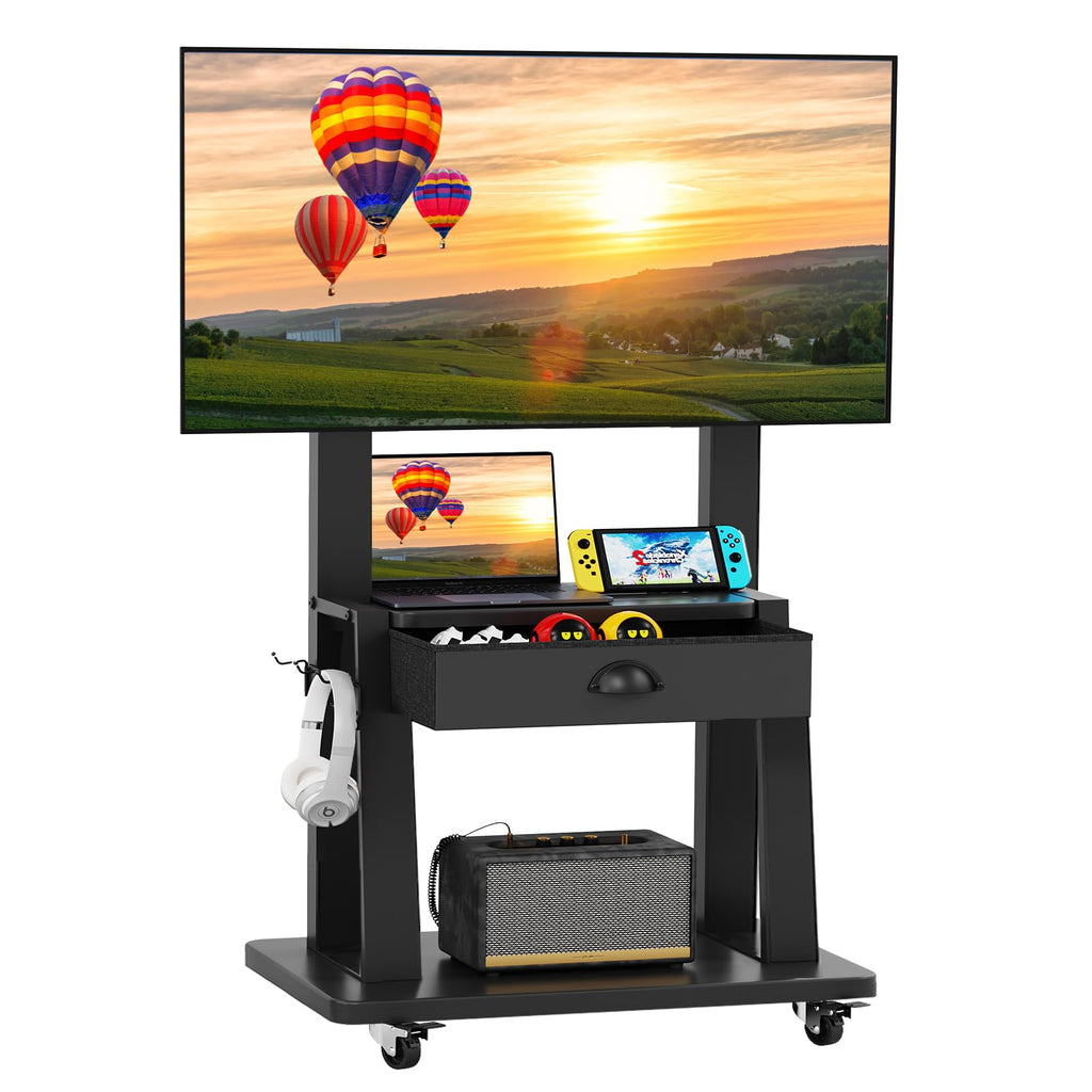 Baxikayon Mobile TV Stand with Drawer, Rolling TV Cart for 23-75 inch TVs, 2 Shelves, 120 lbs Capacity, Max VESA 600x400mm, Black