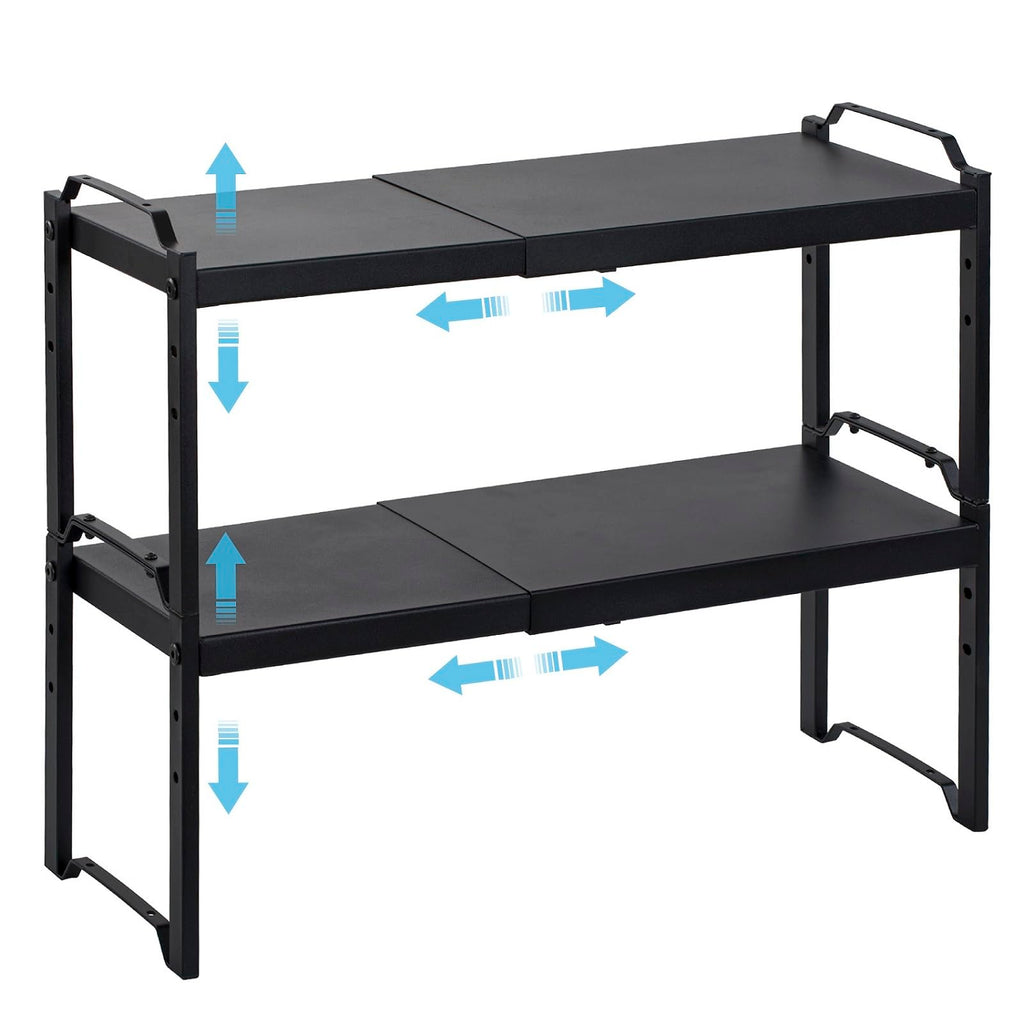 Baxikayon 2-Pack Expandable Cabinet Organizer Shelves, Stackable Shelf for Kitchen Countertop & Pantry Storage, Length 20.5", Black