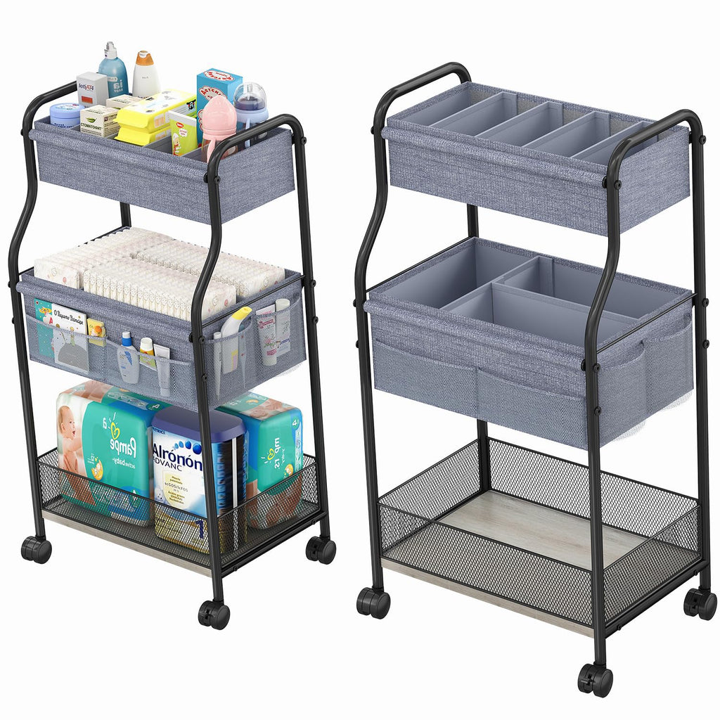 Baxikayon 3-Tier Diaper Caddy Cart, Rolling Nursery Organizer with 6 Dividers & Wheels, Metal Utility Cart for Baby & Bathroom, Gray