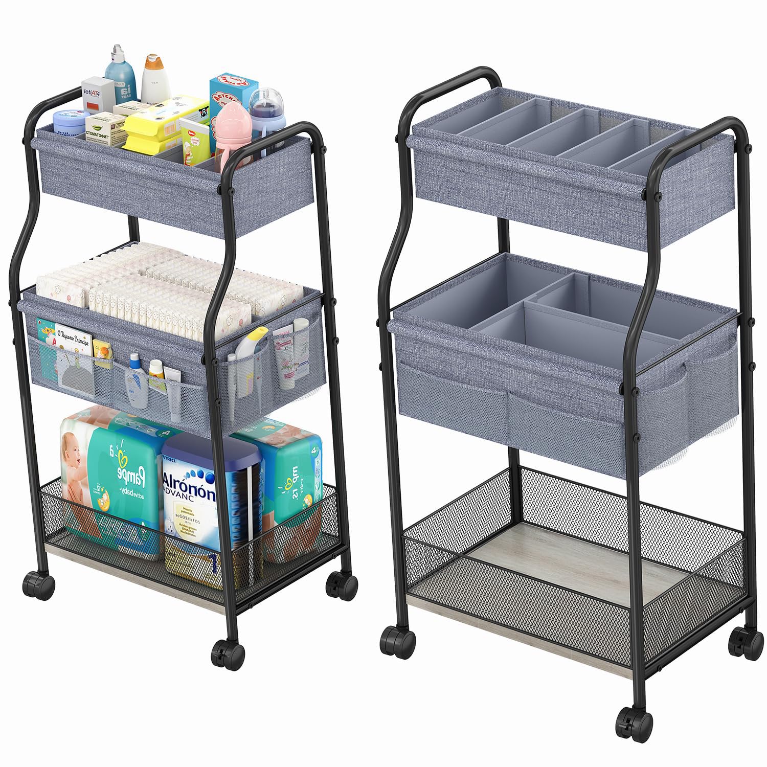 Baxikayon 3-Tier Diaper Caddy Cart, Rolling Nursery Organizer with 6 Dividers & Wheels, Metal Utility Cart for Baby & Bathroom, Gray