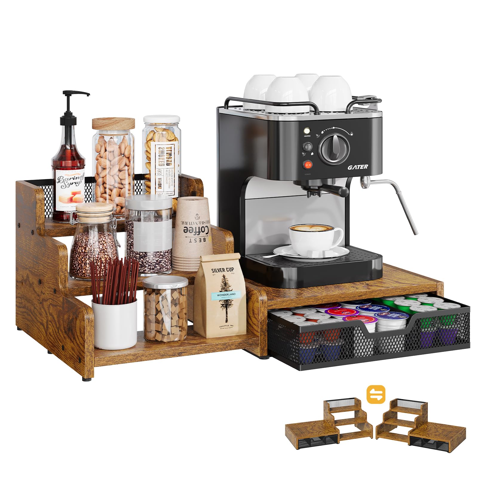 Baxikayon Coffee Bar Organizer, 3-Tier Coffee Station Organizer with K Cup Holder & Syrup Rack, 28 Pod Capacity, Rustic Brown