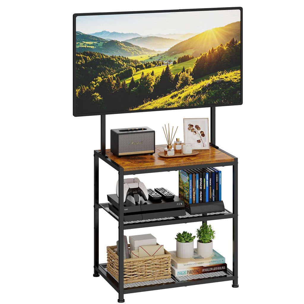 Baxikayon 23–50 inch Corner TV Stand, Rustic Brown Small Space Entertainment Center with 3 Storage Shelves and Adjustable TV Mount, Metal Frame