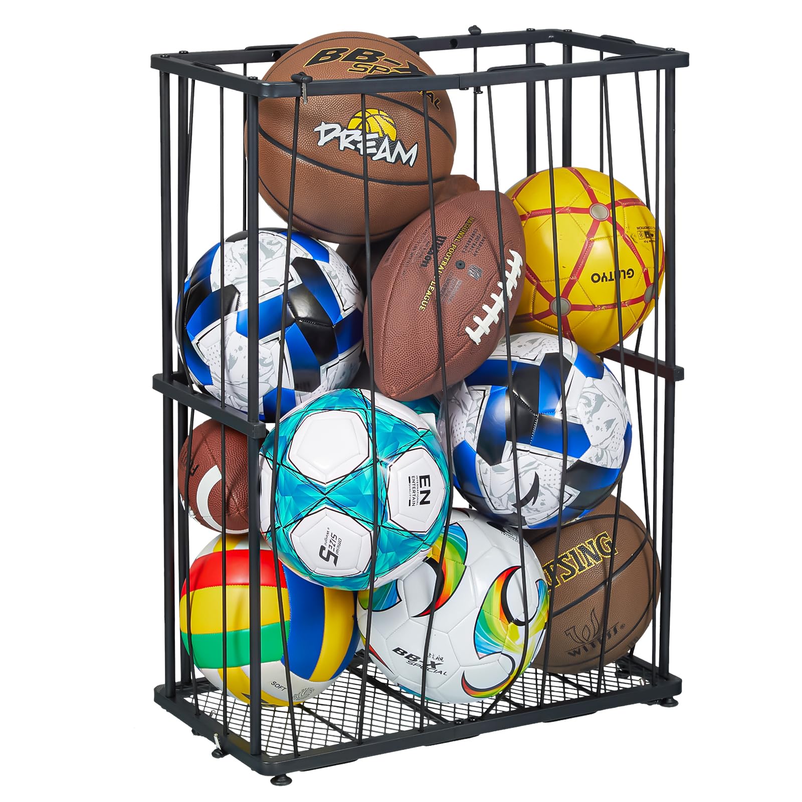 Baxikayon Wall-Mounted & Floor-Standing Ball Rack Organizer with Elastic Rope, Sports Storage for Basketball, Soccer, Volleyball, Garage, Black