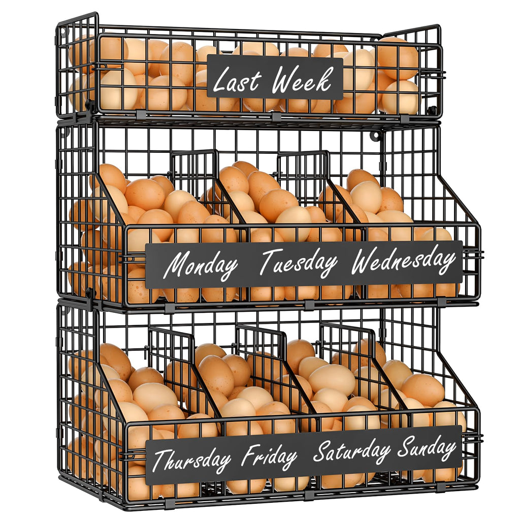 Baxikayon 3-Tier Stackable Egg Holder with 5 Dividers & Diy Nameplate, Wall-Mounted Wire Basket Organizer for Countertop Pantry, Black