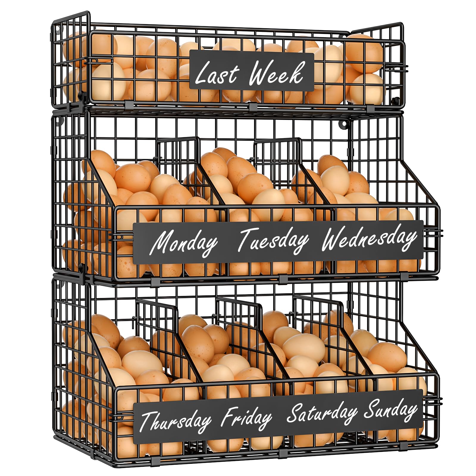 Baxikayon 3-Tier Stackable Egg Holder with 5 Dividers & Diy Nameplate, Wall-Mounted Wire Basket Organizer for Countertop Pantry, Black