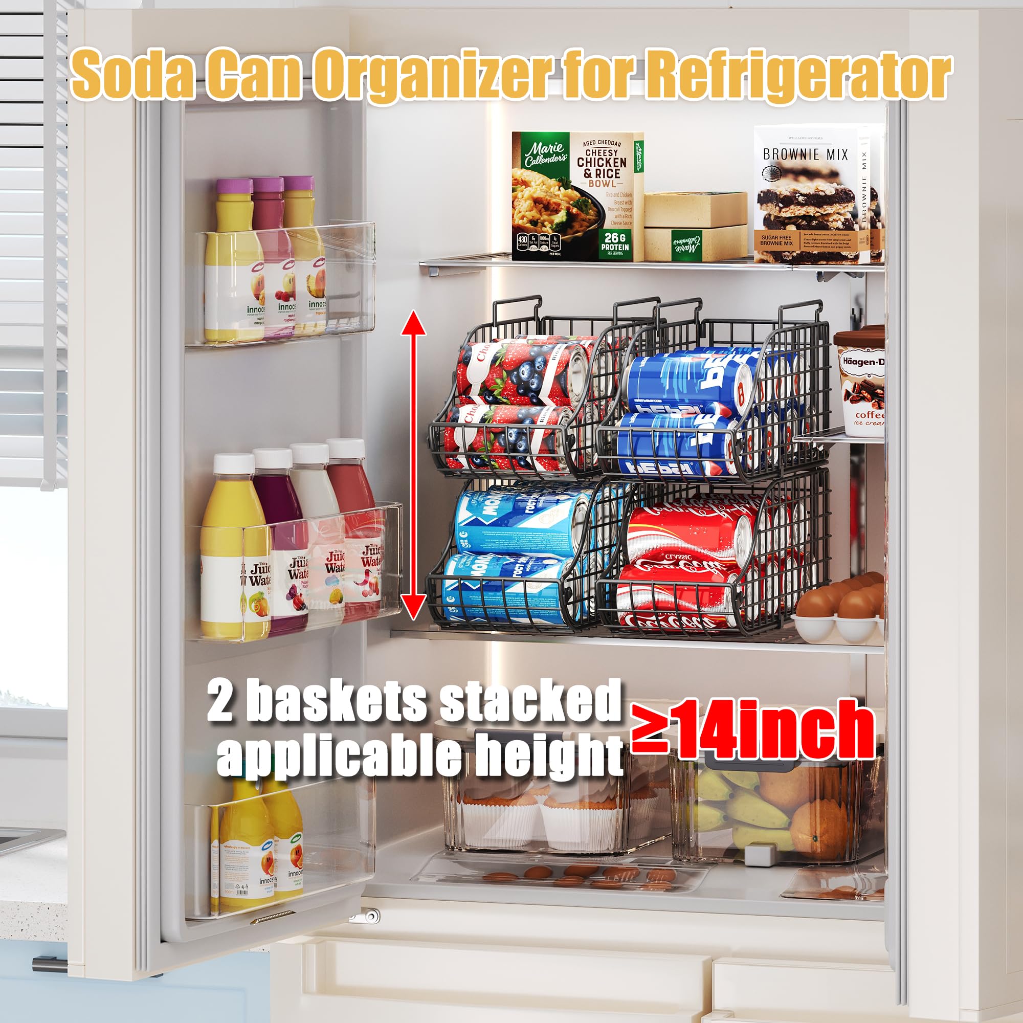 Baxikayon 4-Pack Stackable Can Organizer with Handles, Foldable Wire Soda & Canned Food Storage Rack for Kitchen Pantry Cabinet, Black