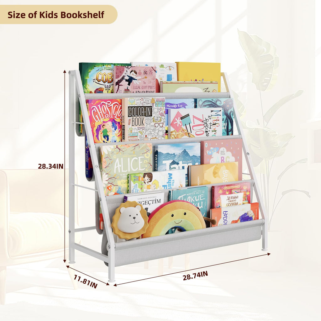 Baxikayon 4-Tier Kids Bookshelf with Canvas Pockets, Book Display Rack for Kids Room & Playroom, 28.34 in, White