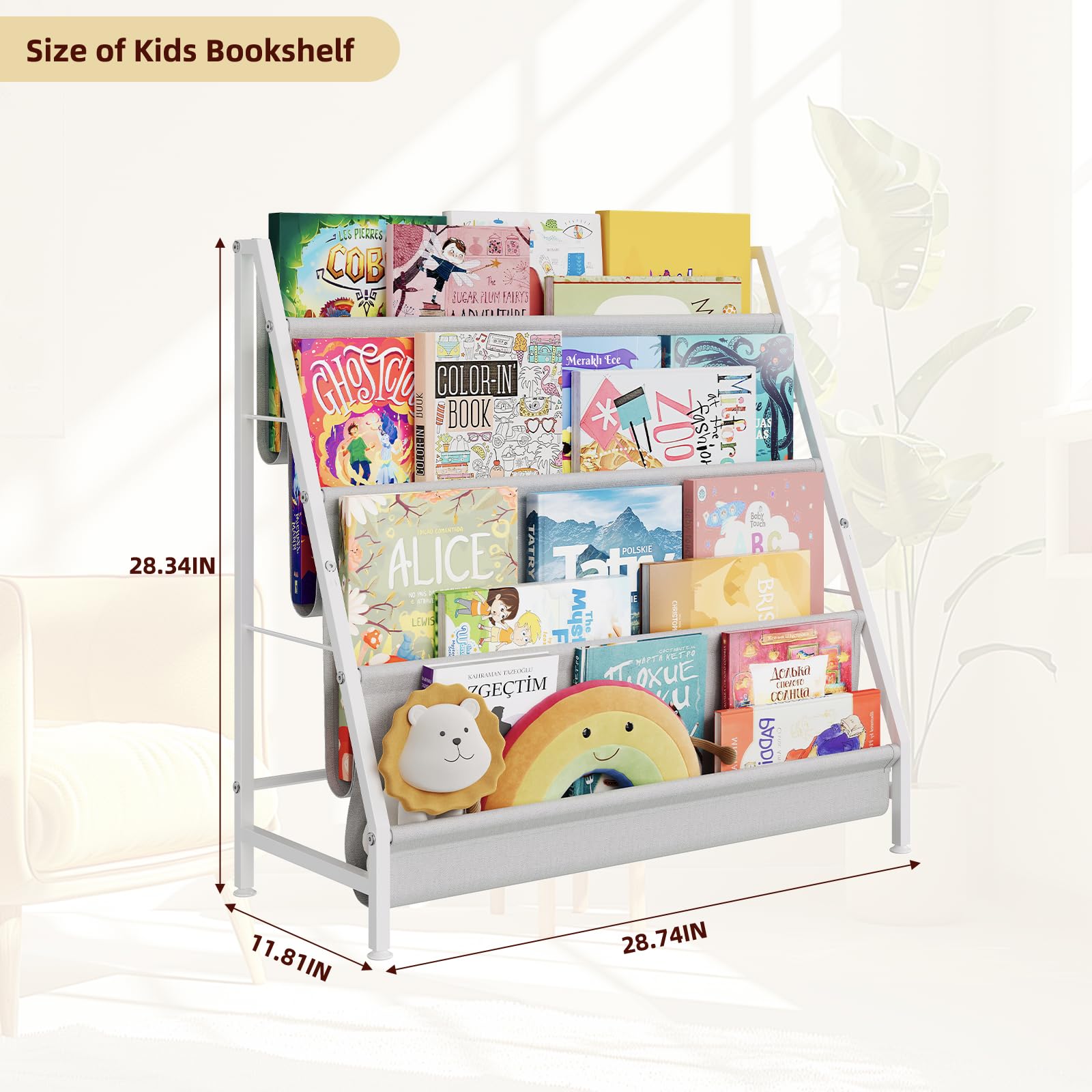 Baxikayon 4-Tier Kids Bookshelf with Canvas Pockets, Book Display Rack for Kids Room & Playroom, 28.34 in, White