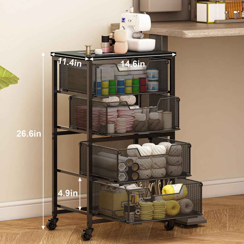 Baxikayon Rolling Cart with Drawers, 4-Drawer Craft Storage Cart on Wheels with Wooden Top, Art & Craft Organizer for Classroom & Studio, Black