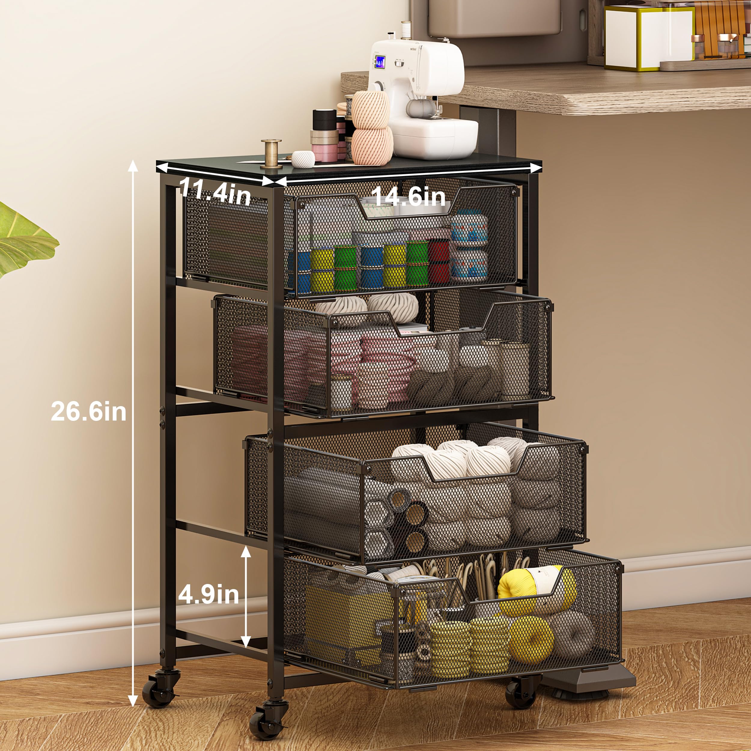 Baxikayon Rolling Cart with Drawers, 4-Drawer Craft Storage Cart on Wheels with Wooden Top, Art & Craft Organizer for Classroom & Studio, Black