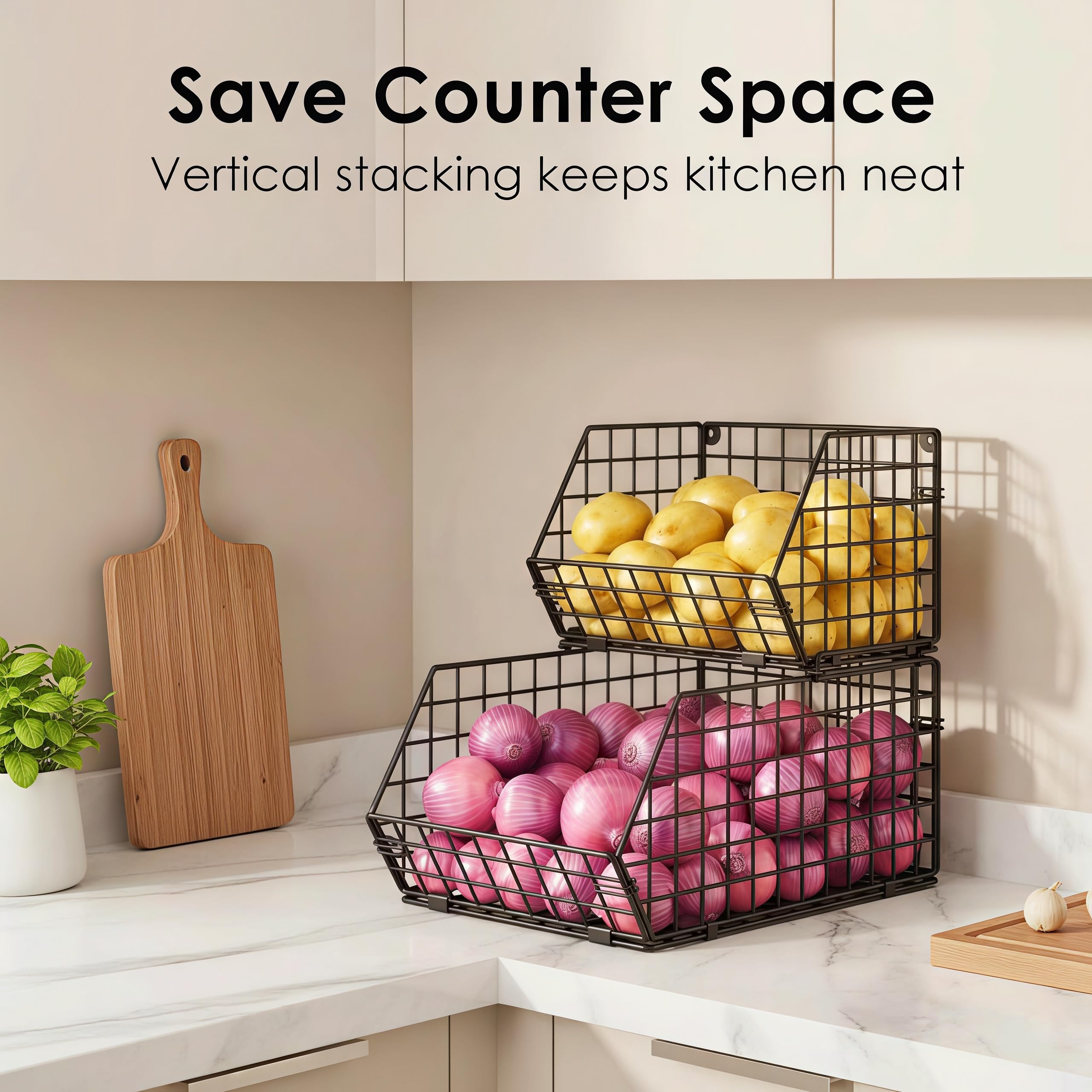 Baxikayon 2-Tier Stackable Wire Basket Organizer with Ventilated Mesh, Wall-Mounted Pantry Storage for Fruit, Vegetables, Snacks, Black