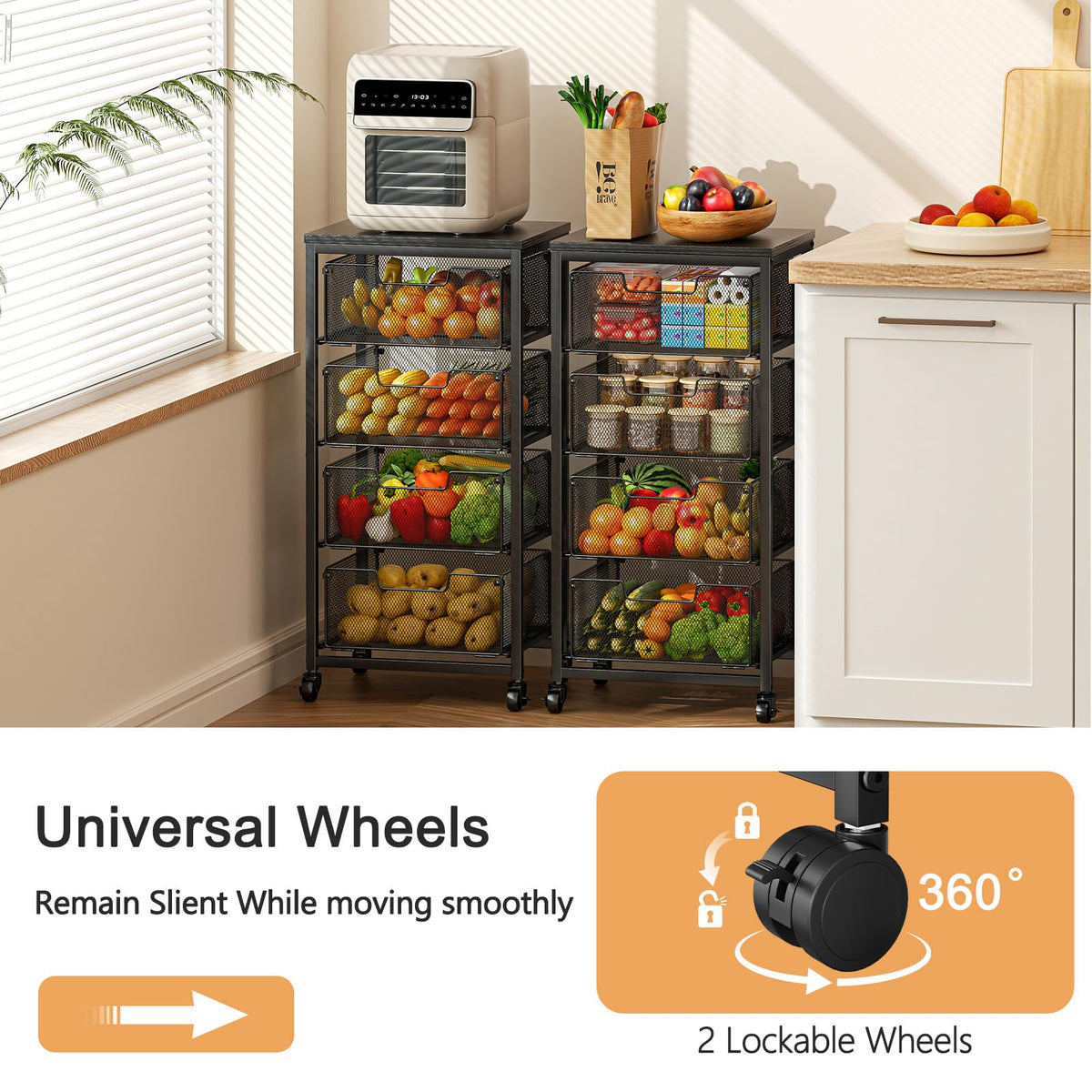 Baxikayon 4-Tier Kitchen Storage Cart with Drawers, Rolling Fruit Vegetable Organizer with Wooden Top for Kitchen & Pantry, Black