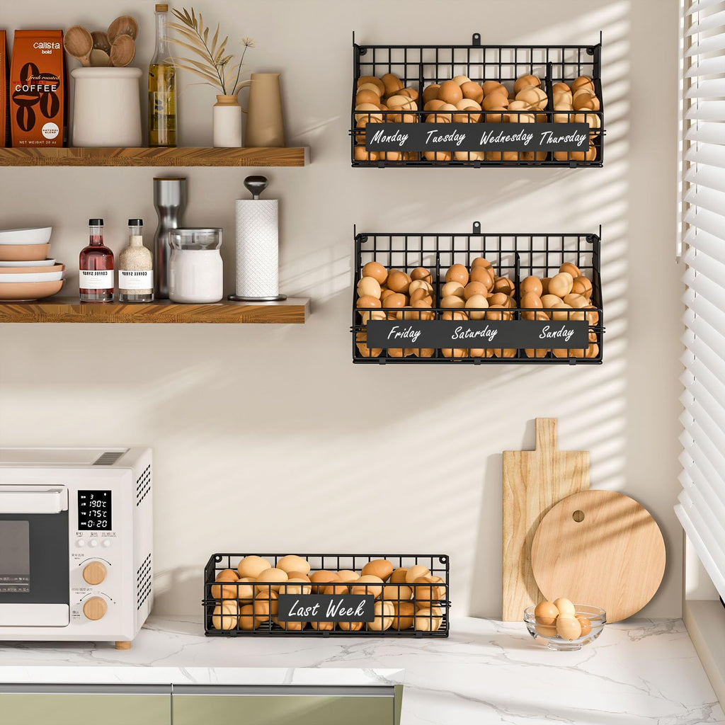 Baxikayon 3-Tier Stackable Egg Holder with 5 Dividers & Diy Nameplate, Wall-Mounted Wire Basket Organizer for Countertop Pantry, Black