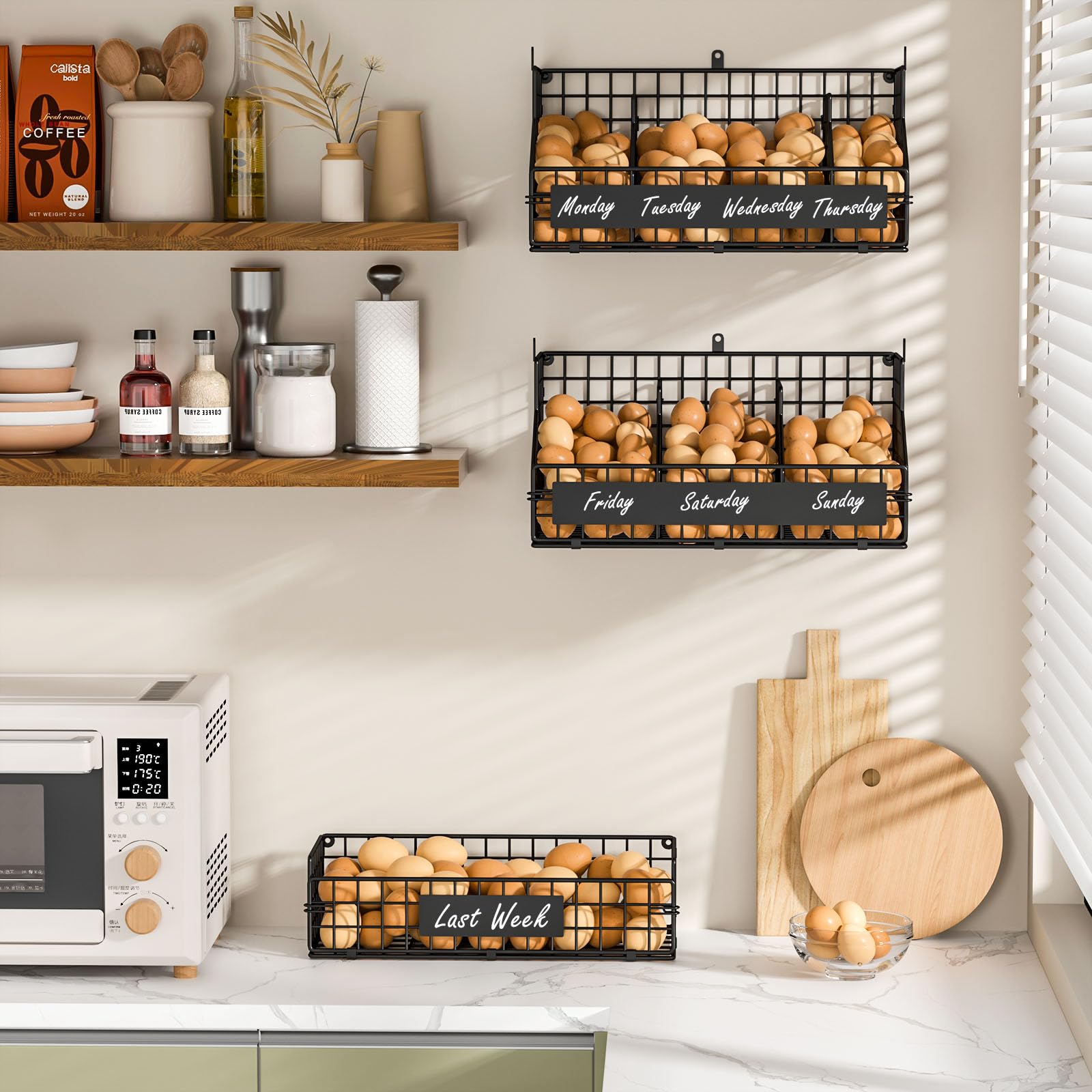 Baxikayon 3-Tier Stackable Egg Holder with 5 Dividers & Diy Nameplate, Wall-Mounted Wire Basket Organizer for Countertop Pantry, Black