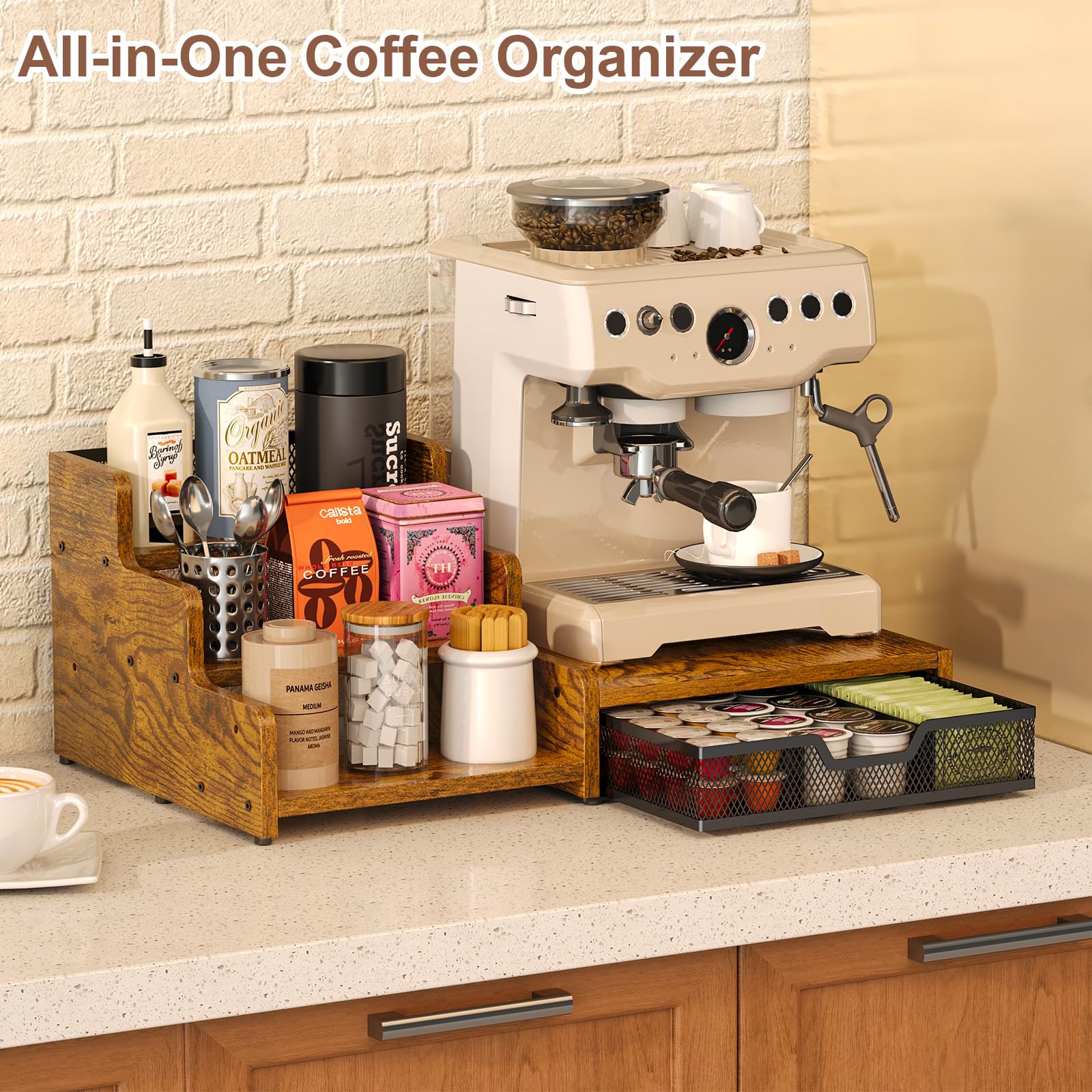 Baxikayon Coffee Bar Organizer, 3-Tier Coffee Station Organizer with K Cup Holder & Syrup Rack, 28 Pod Capacity, Rustic Brown