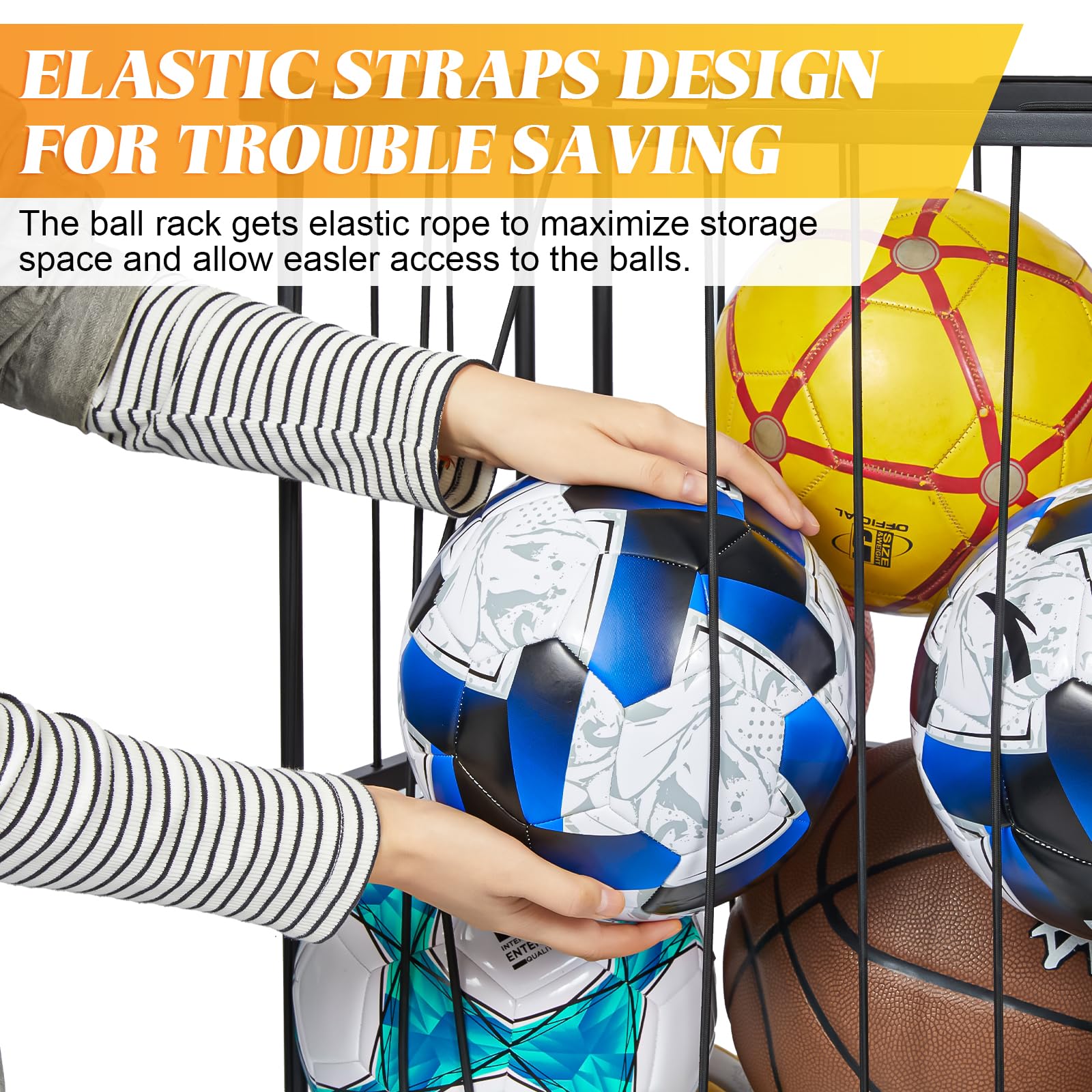 Baxikayon Wall-Mounted & Floor-Standing Ball Rack Organizer with Elastic Rope, Sports Storage for Basketball, Soccer, Volleyball, Garage, Black