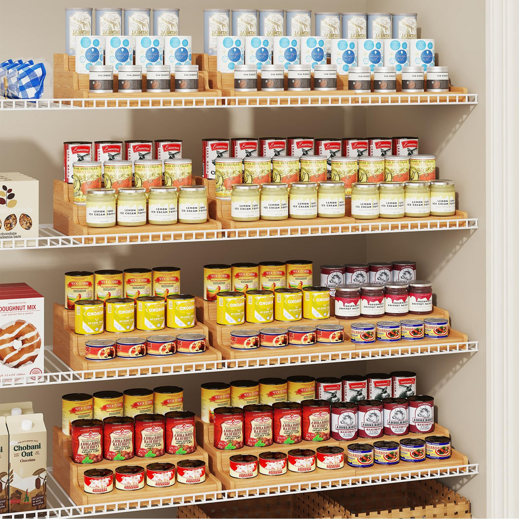 Baxikayon 3-Tier Expandable Bamboo Spice Rack Organizer, Adjustable Can Storage Shelf, Holds 24 Cans, Natural
