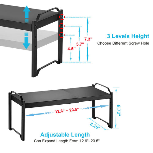 Baxikayon 2-Pack Expandable Cabinet Organizer Shelves, Stackable Shelf for Kitchen Countertop & Pantry Storage, Length 20.5", Black