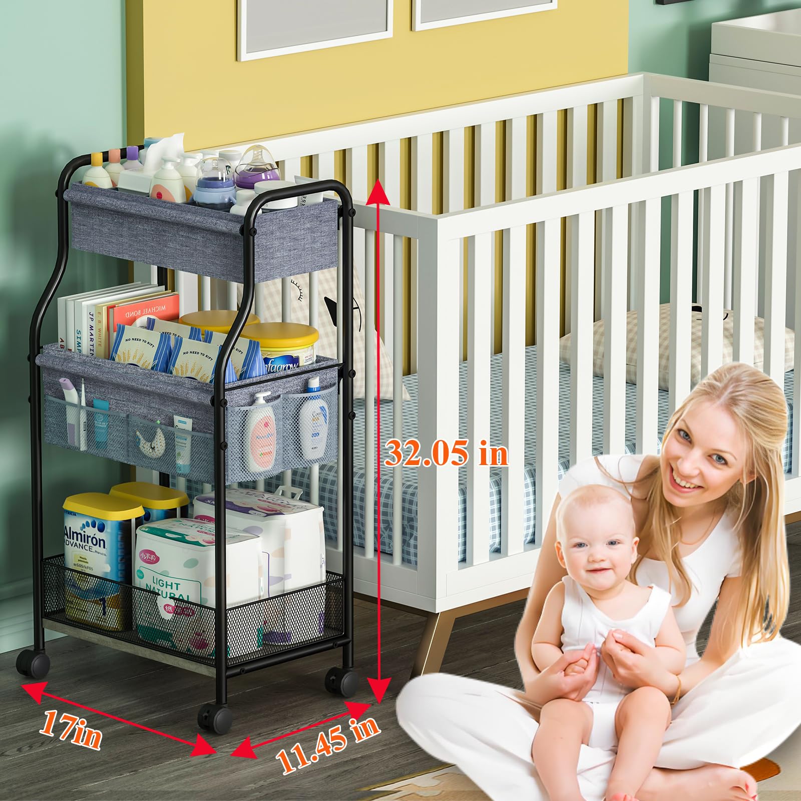 Baxikayon 3-Tier Diaper Caddy Cart, Rolling Nursery Organizer with 6 Dividers & Wheels, Metal Utility Cart for Baby & Bathroom, Gray