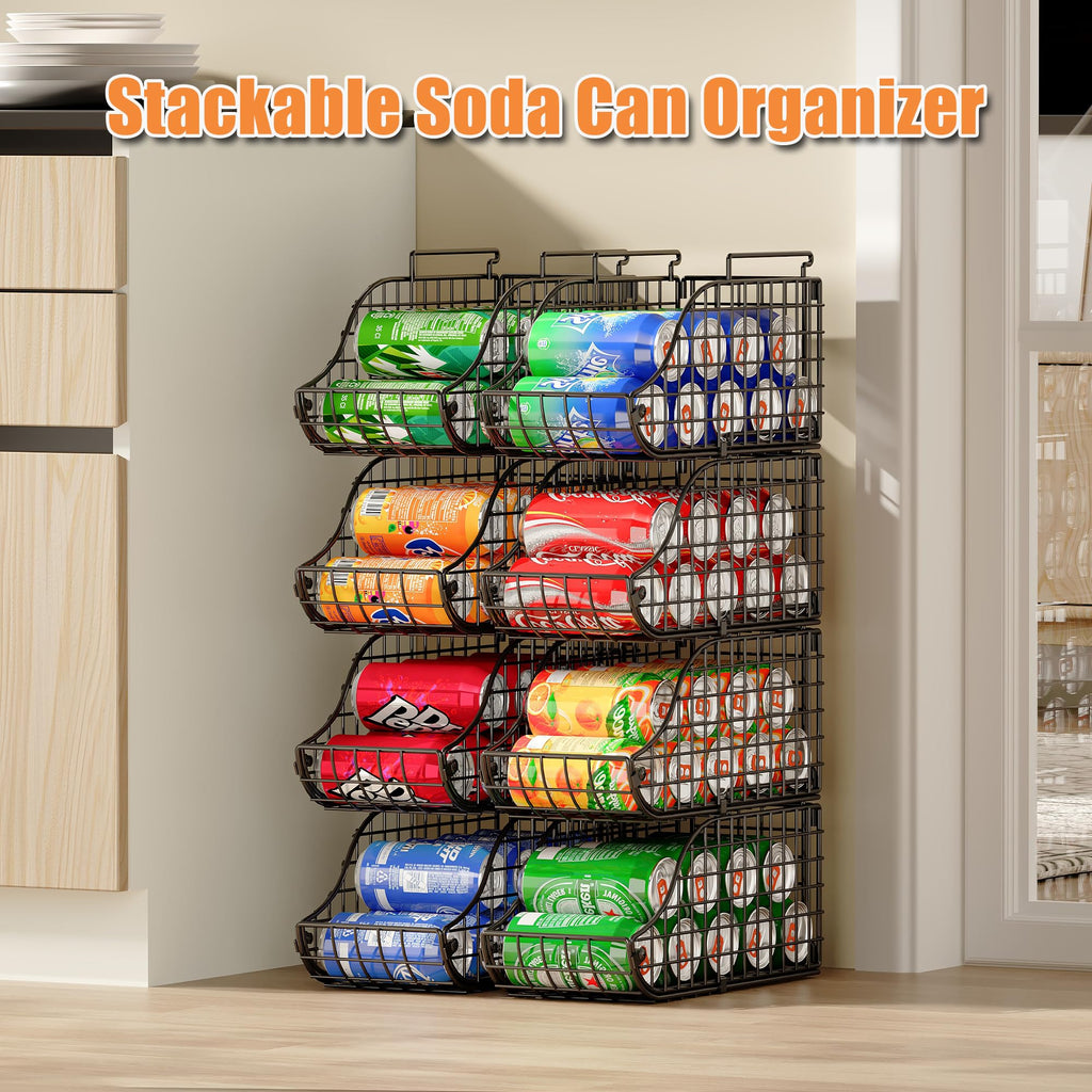 Baxikayon 4-Pack Stackable Can Organizer with Handles, Foldable Wire Soda & Canned Food Storage Rack for Kitchen Pantry Cabinet, Black