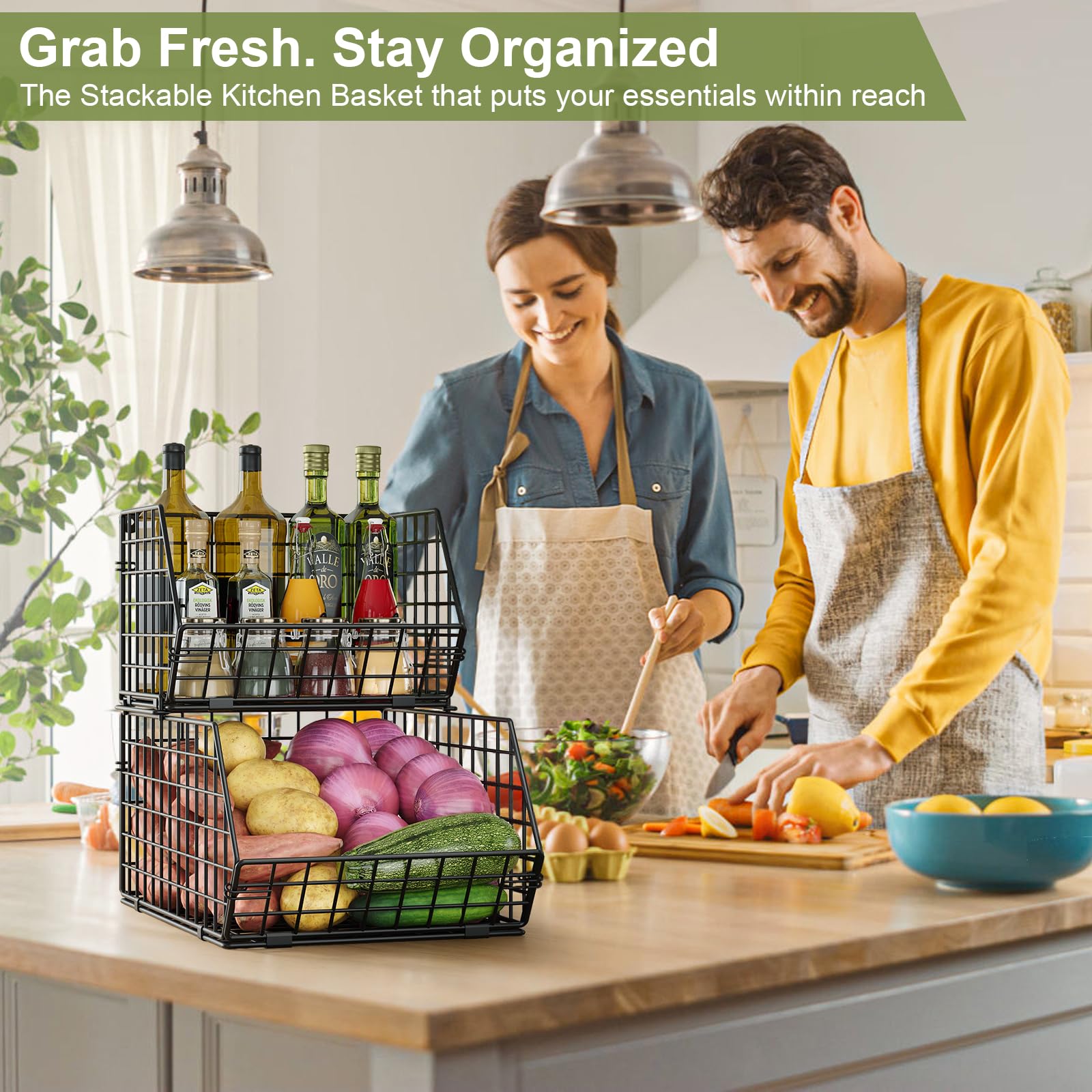 Baxikayon 2-Tier Stackable Wire Basket Organizer with Ventilated Mesh, Wall-Mounted Pantry Storage for Fruit, Vegetables, Snacks, Black