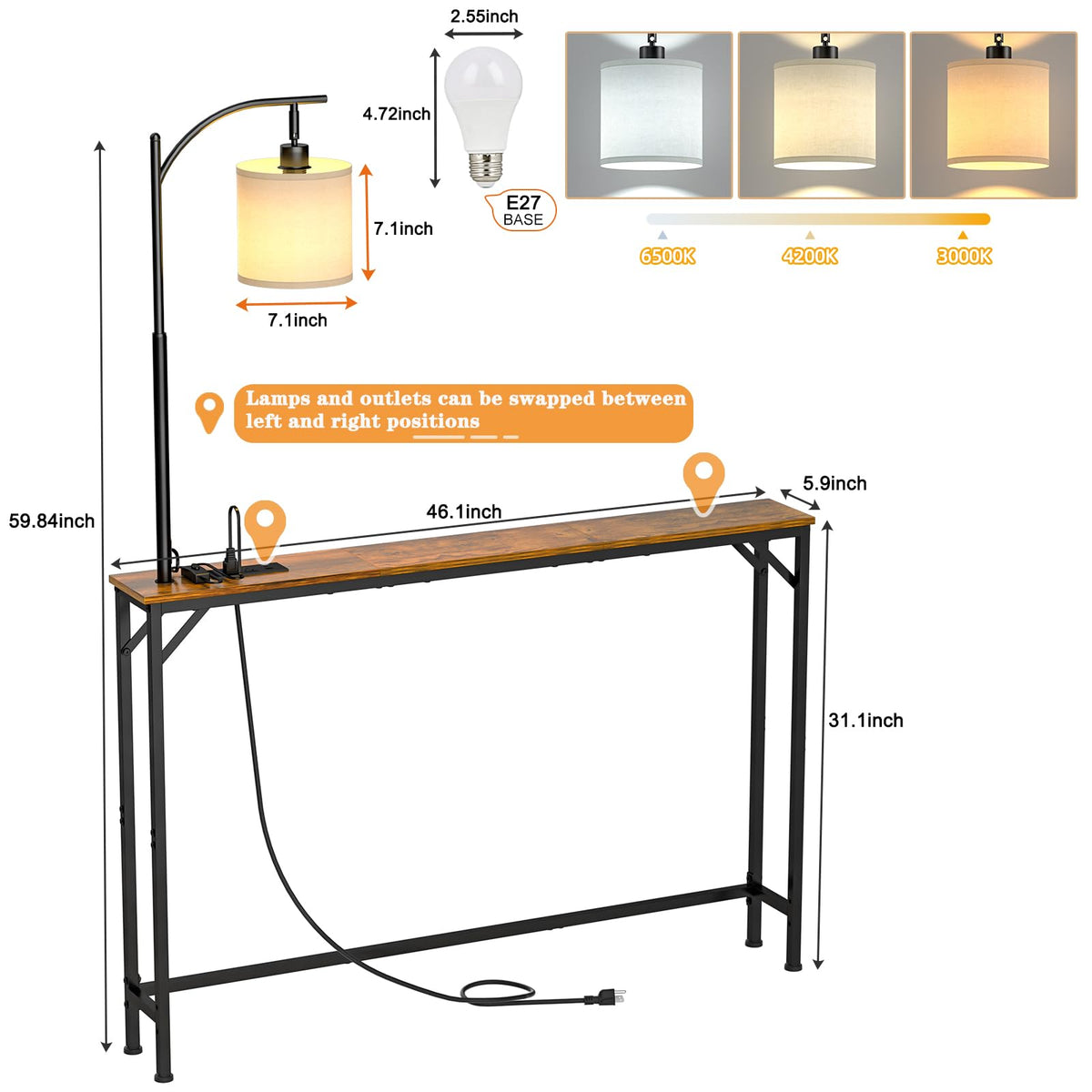 Baxikayon Narrow Console Table with 3-Color LED Light & USB Charging, Slim Sofa Table for Entryway Hallway, Living Room