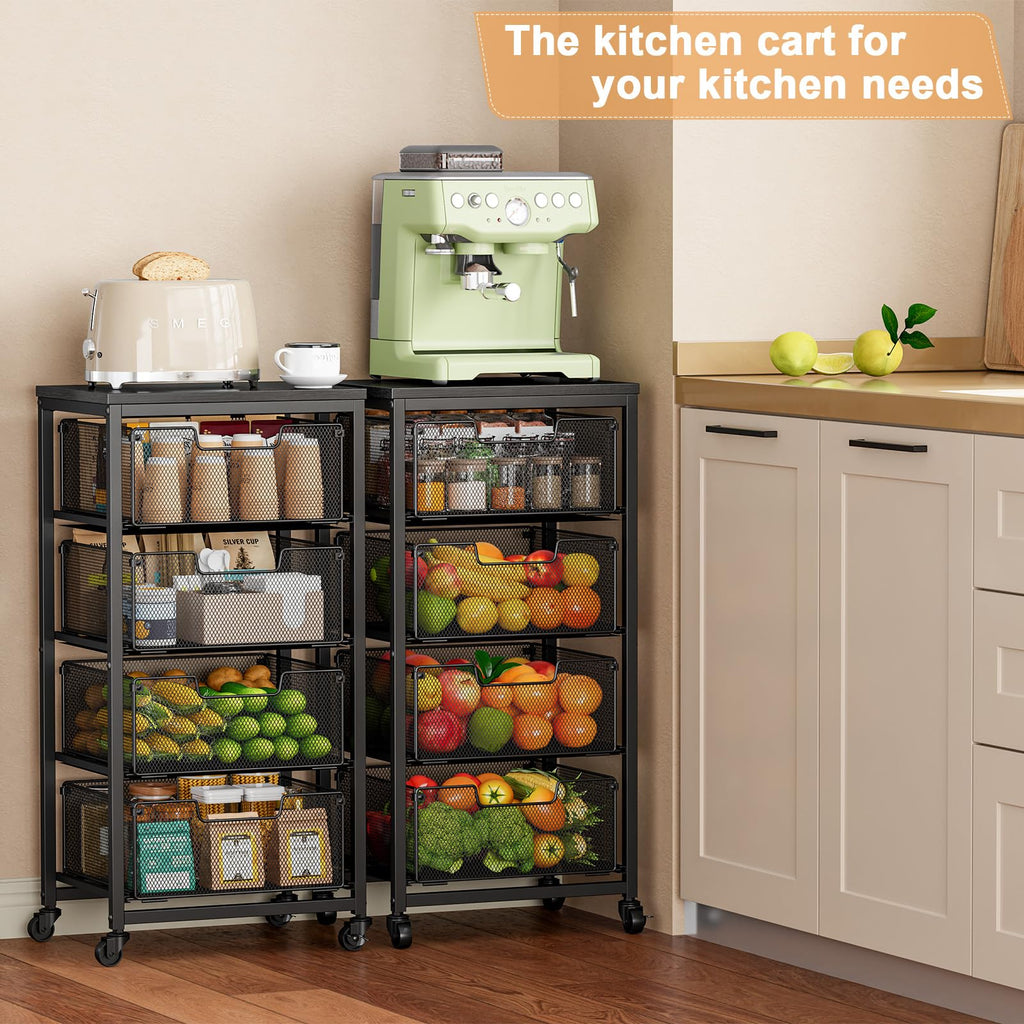 Baxikayon 4-Tier Kitchen Storage Cart with Drawers, Rolling Fruit Vegetable Organizer with Wooden Top for Kitchen & Pantry, Black