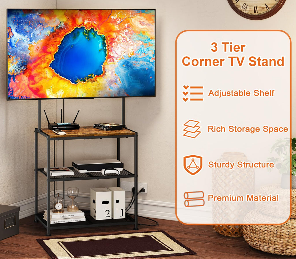 Baxikayon 23–50 inch Corner TV Stand, Rustic Brown Small Space Entertainment Center with 3 Storage Shelves and Adjustable TV Mount, Metal Frame