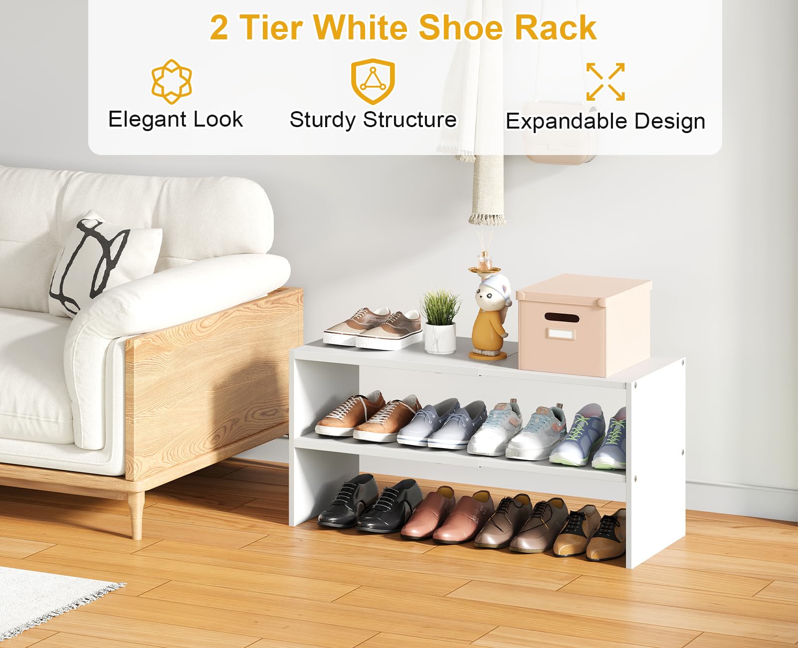 Baxikayon 2-Tier Shoe Rack, Expandable Small Stackable Shoe Organizer Holds 6-12 Pairs for Closet Entryway Hallway Bedroom, White