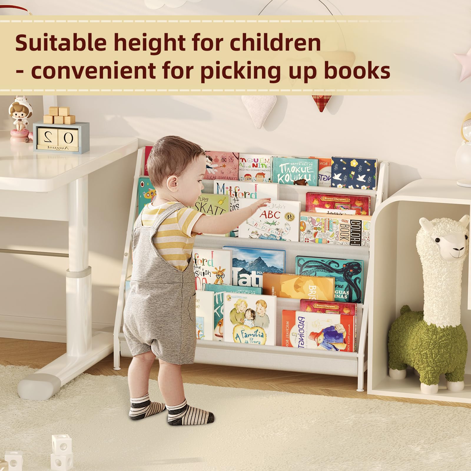 Baxikayon 4-Tier Kids Bookshelf with Canvas Pockets, Book Display Rack for Kids Room & Playroom, 28.34 in, White