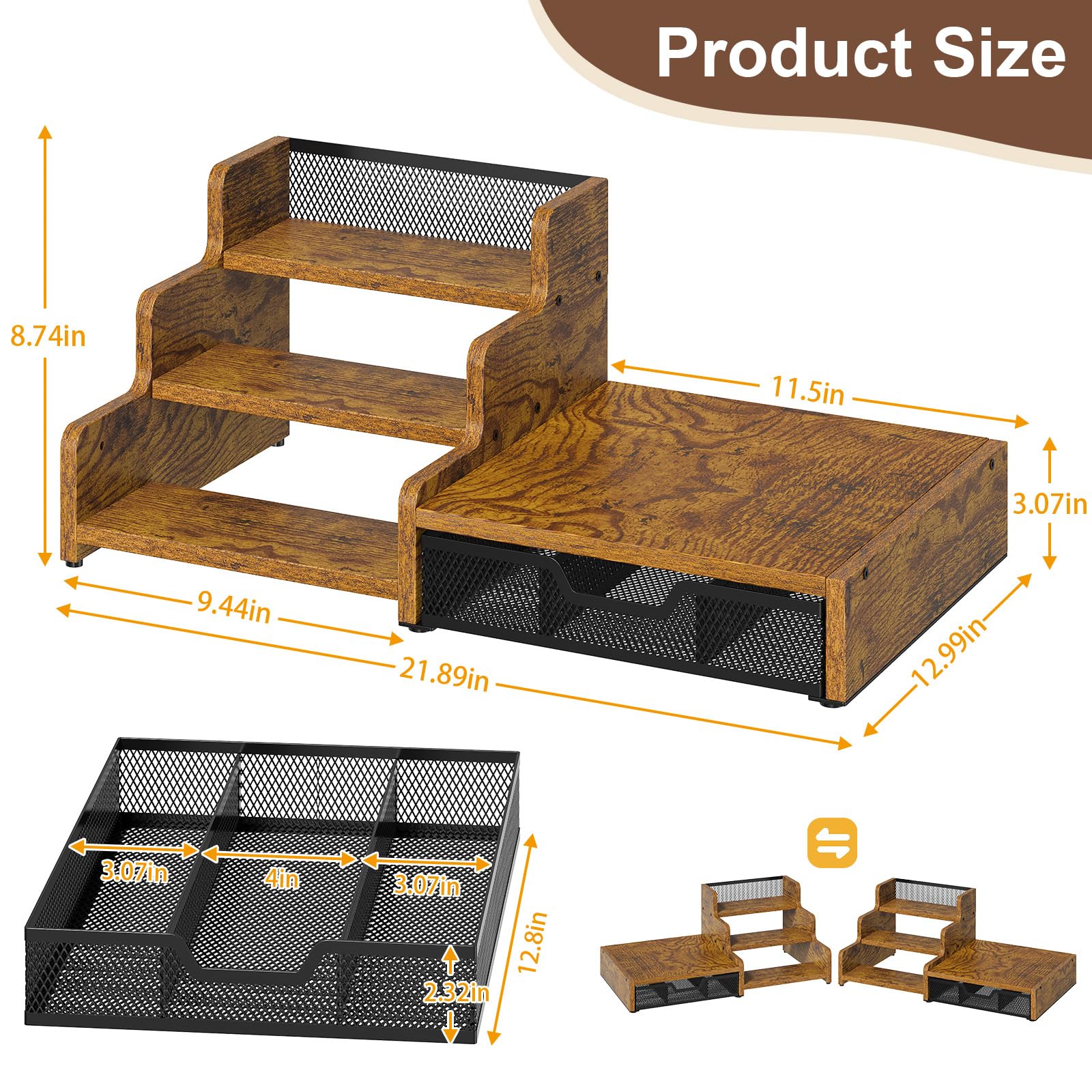 Baxikayon Coffee Bar Organizer, 3-Tier Coffee Station Organizer with K Cup Holder & Syrup Rack, 28 Pod Capacity, Rustic Brown