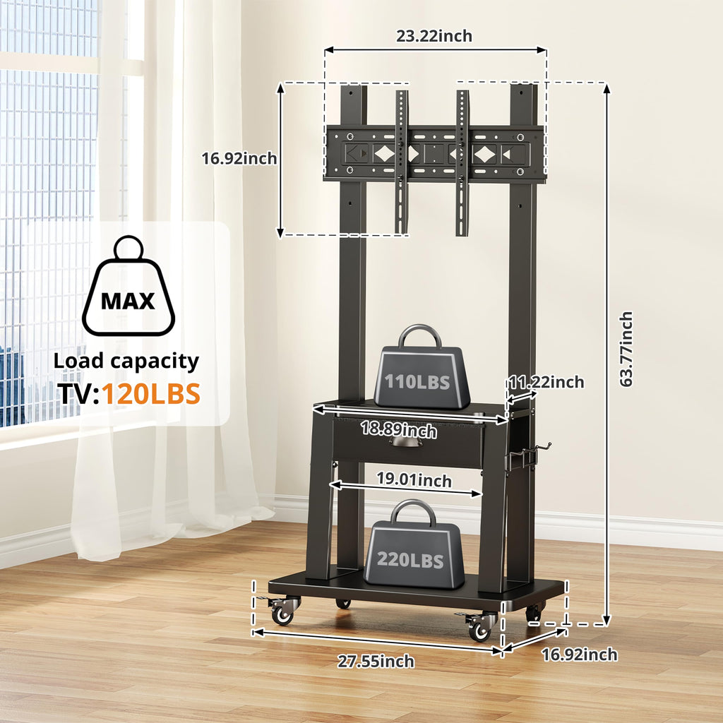 Baxikayon Mobile TV Stand with Drawer, Rolling TV Cart for 23-75 inch TVs, 2 Shelves, 120 lbs Capacity, Max VESA 600x400mm, Black