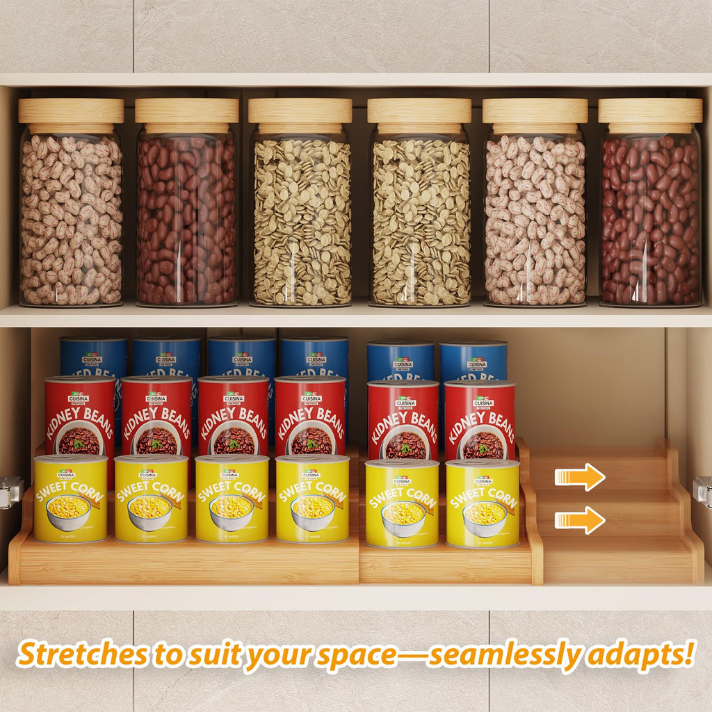 Baxikayon 3-Tier Expandable Bamboo Spice Rack Organizer, Adjustable Can Storage Shelf, Holds 24 Cans, Natural