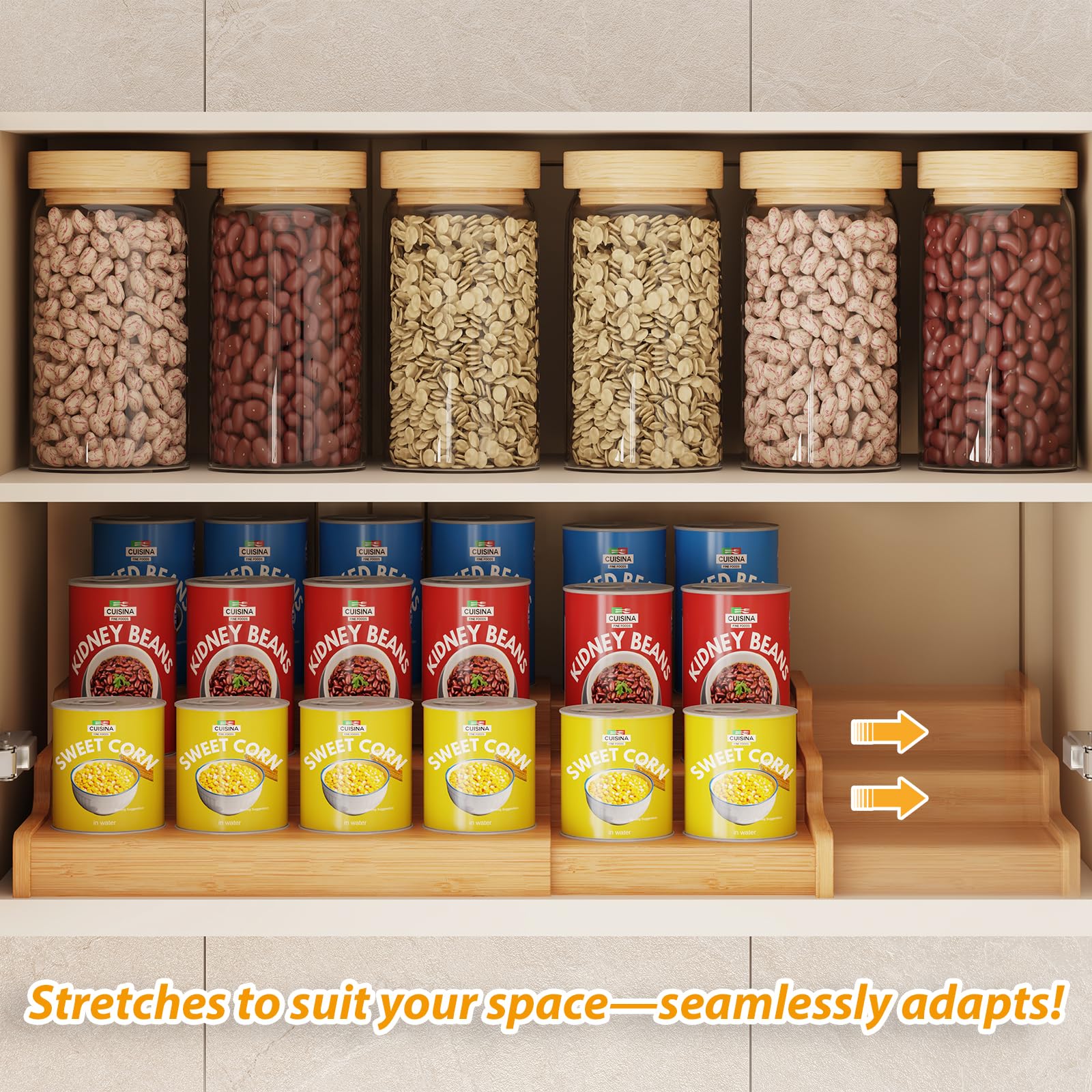 Baxikayon 3-Tier Expandable Bamboo Spice Rack Organizer, Adjustable Can Storage Shelf, Holds 24 Cans, Natural