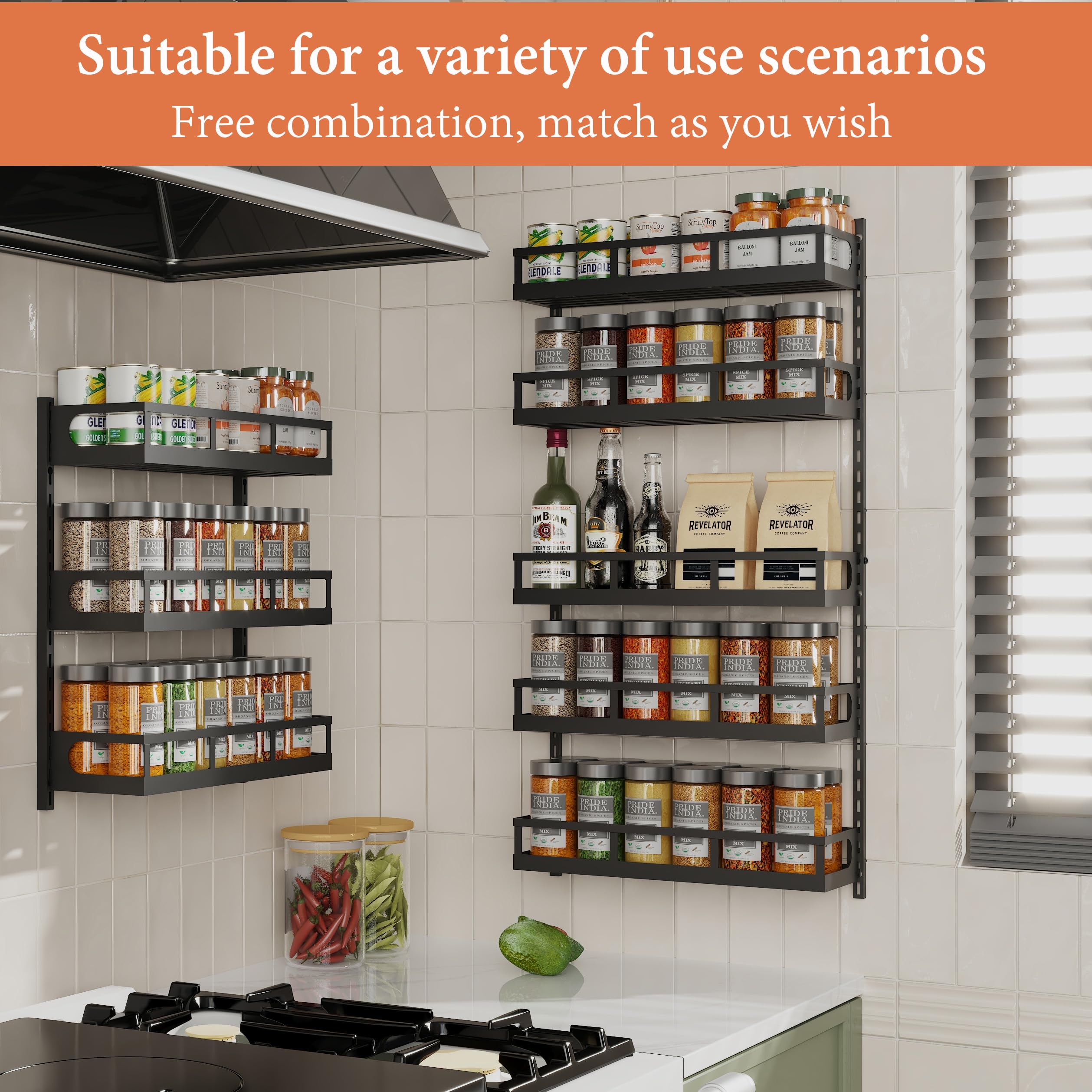 Baxikayon 5-Tier Wall Mount Spice Rack Organizer, Height-Adjustable Shelf with Hooks, Holds 64 Jars for Kitchen Pantry Cabinet, Black