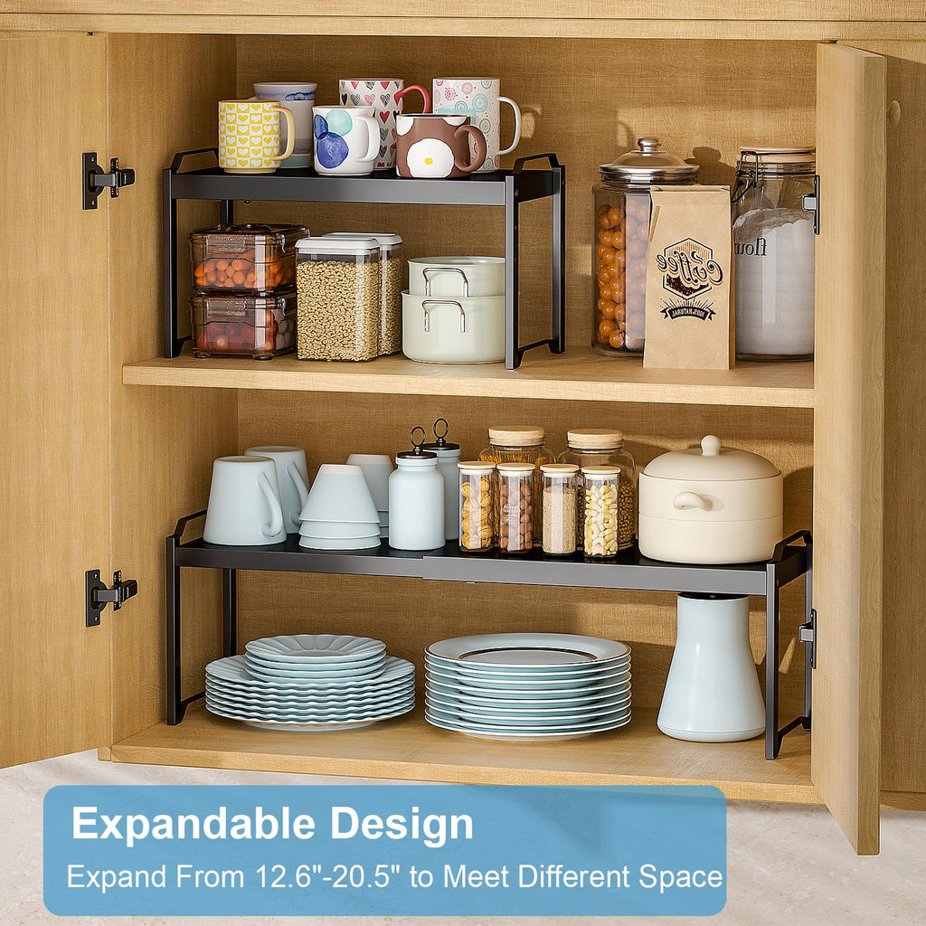 Baxikayon 2-Pack Expandable Cabinet Organizer Shelves, Stackable Shelf for Kitchen Countertop & Pantry Storage, Length 20.5", Black