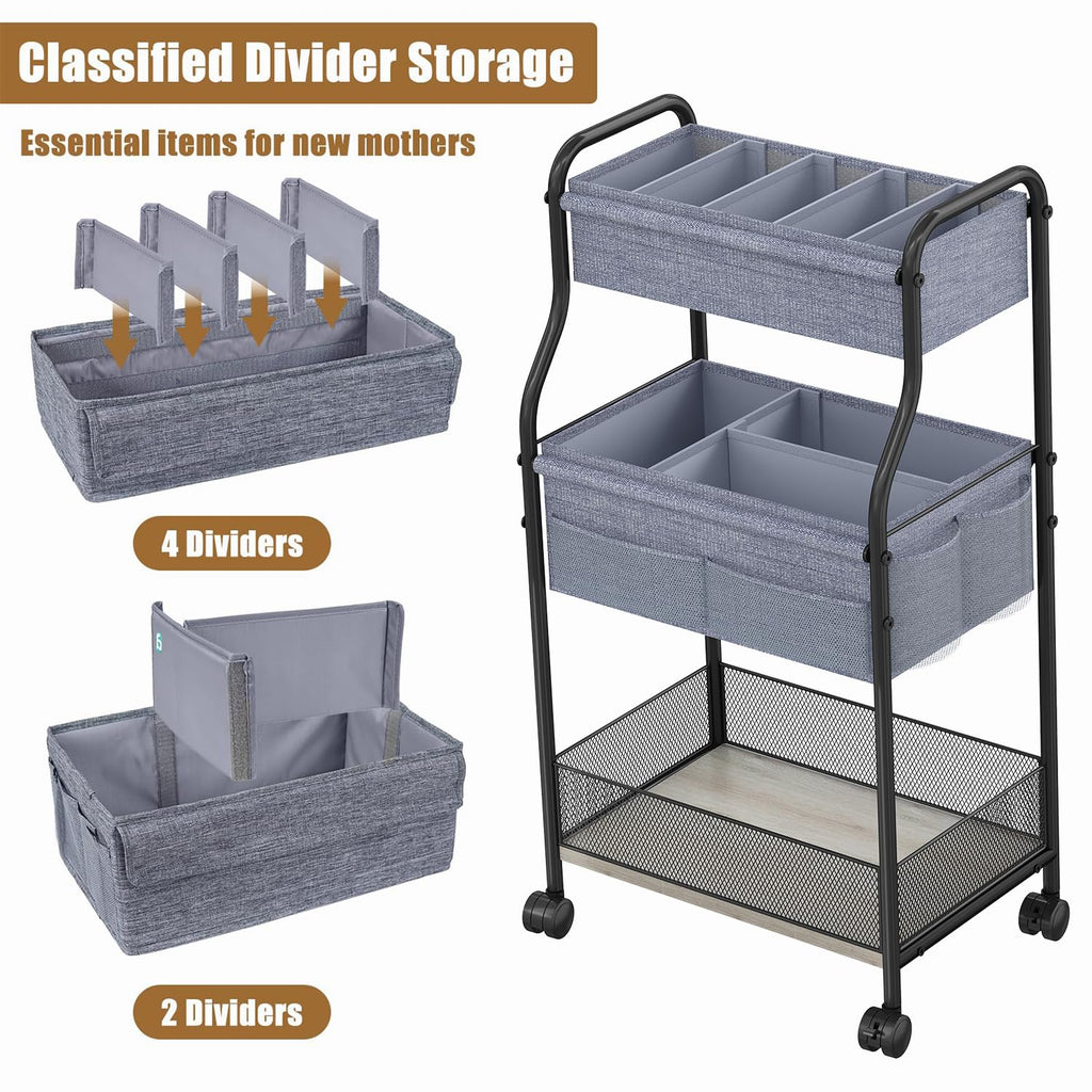 Baxikayon 3-Tier Diaper Caddy Cart, Rolling Nursery Organizer with 6 Dividers & Wheels, Metal Utility Cart for Baby & Bathroom, Gray