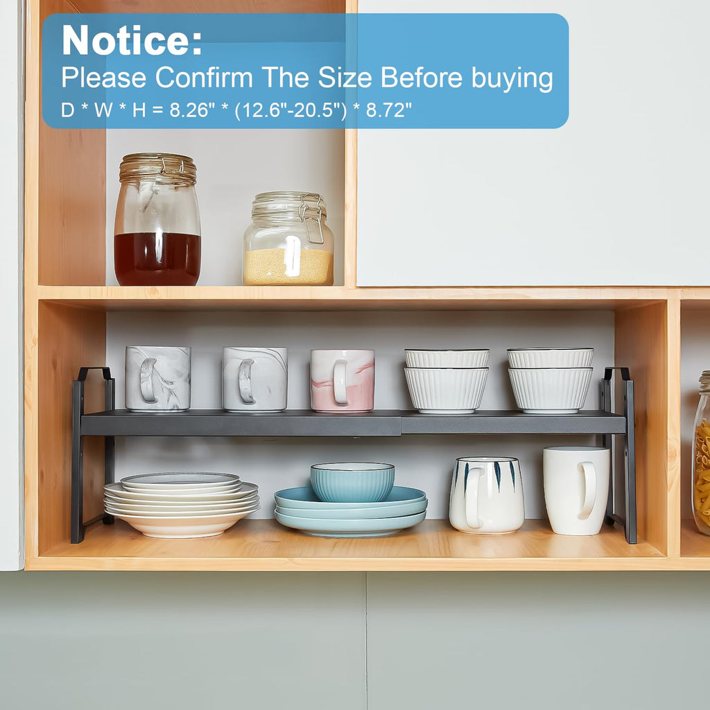 Baxikayon 2-Pack Expandable Cabinet Organizer Shelves, Stackable Shelf for Kitchen Countertop & Pantry Storage, Length 20.5", Black