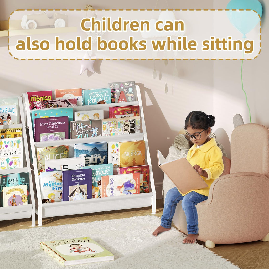 Baxikayon 4-Tier Kids Bookshelf with Canvas Pockets, Book Display Rack for Kids Room & Playroom, 28.34 in, White