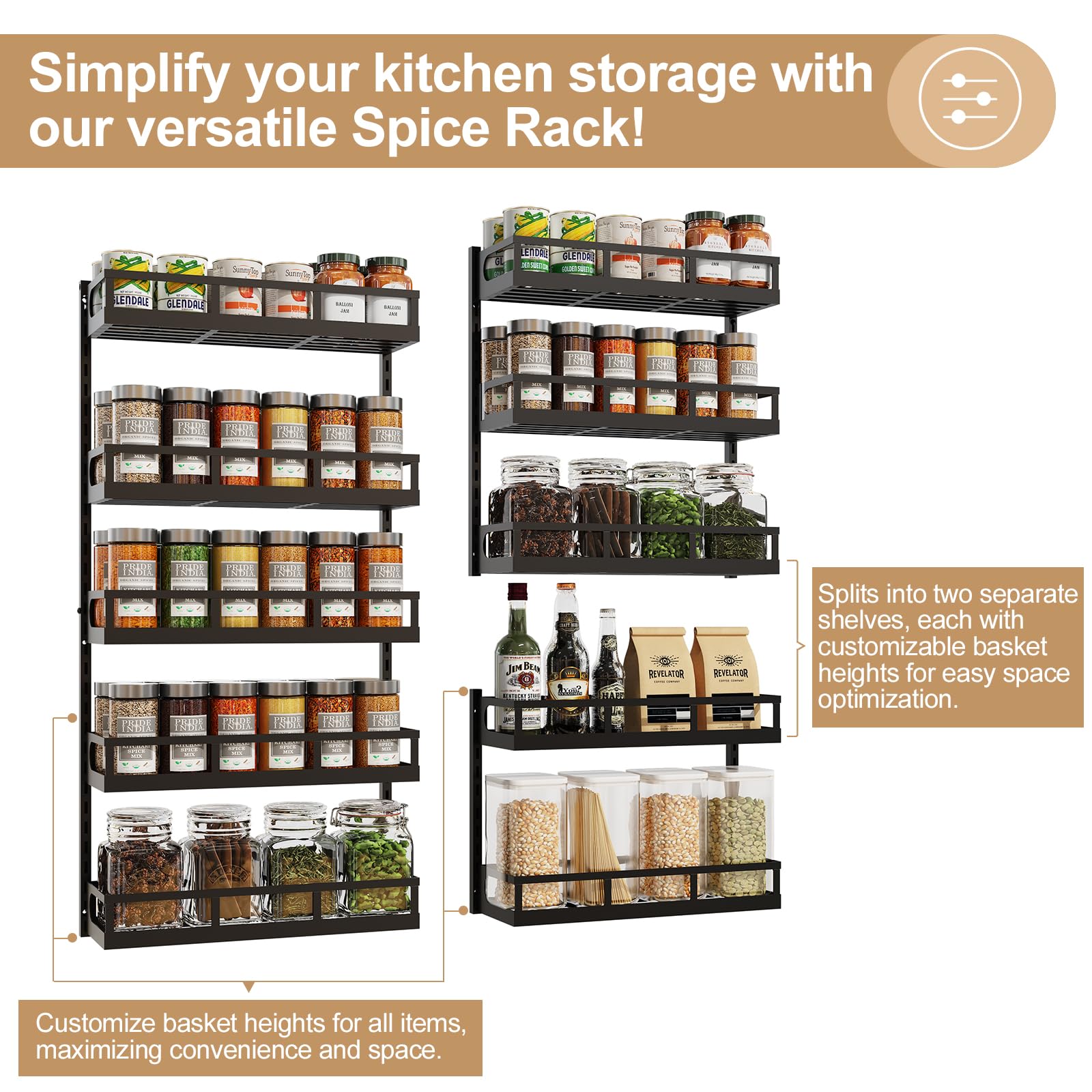 Baxikayon 5-Tier Wall Mount Spice Rack Organizer, Height-Adjustable Shelf with Hooks, Holds 64 Jars for Kitchen Pantry Cabinet, Black