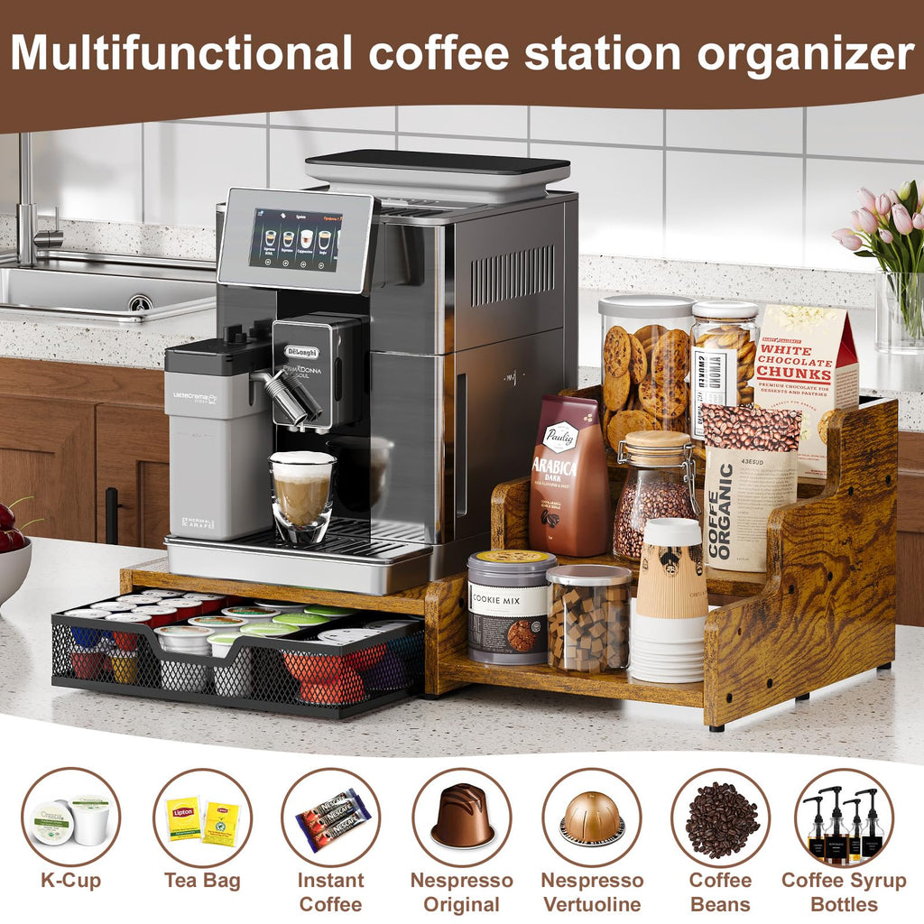Baxikayon Coffee Bar Organizer, 3-Tier Coffee Station Organizer with K Cup Holder & Syrup Rack, 28 Pod Capacity, Rustic Brown