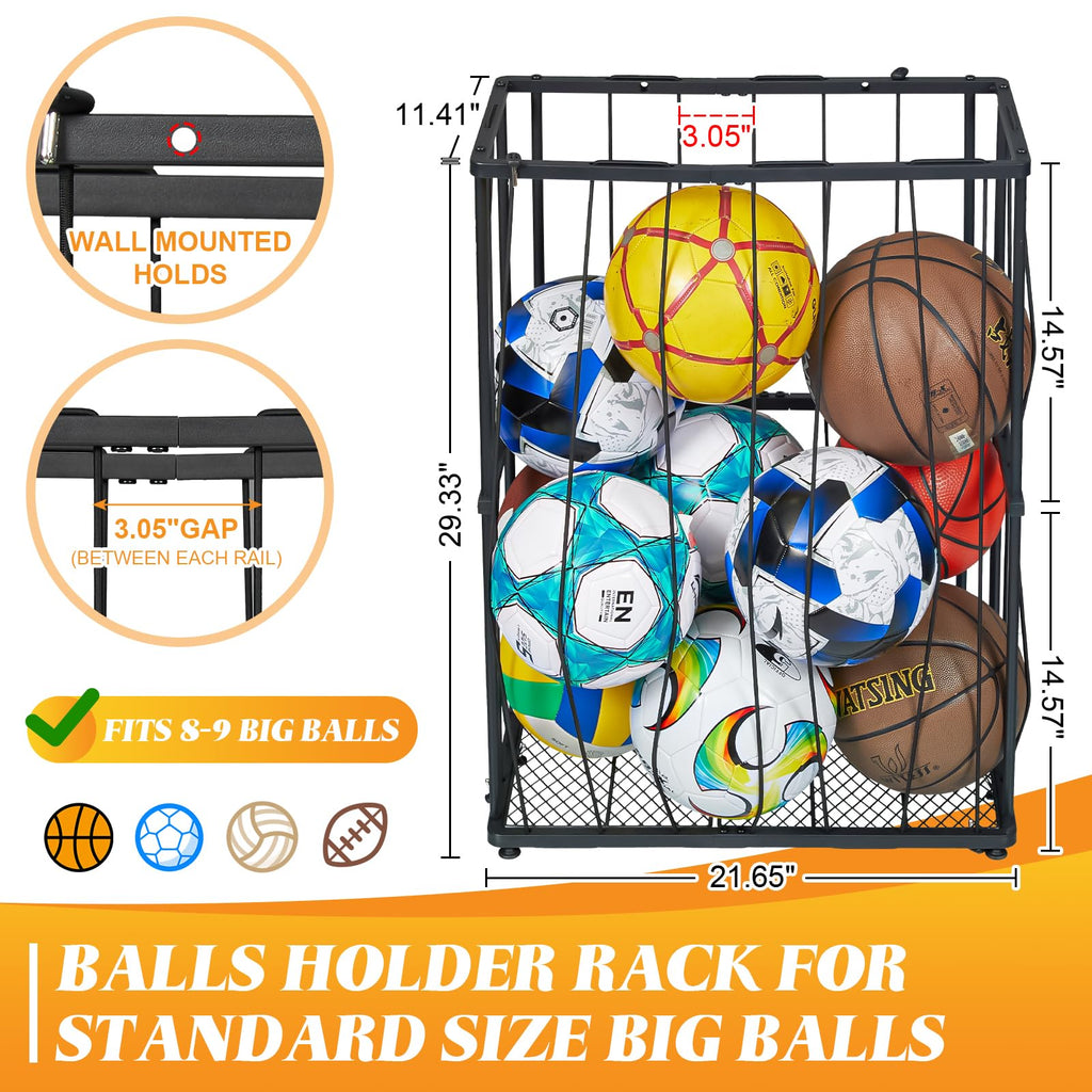 Baxikayon Wall-Mounted & Floor-Standing Ball Rack Organizer with Elastic Rope, Sports Storage for Basketball, Soccer, Volleyball, Garage, Black