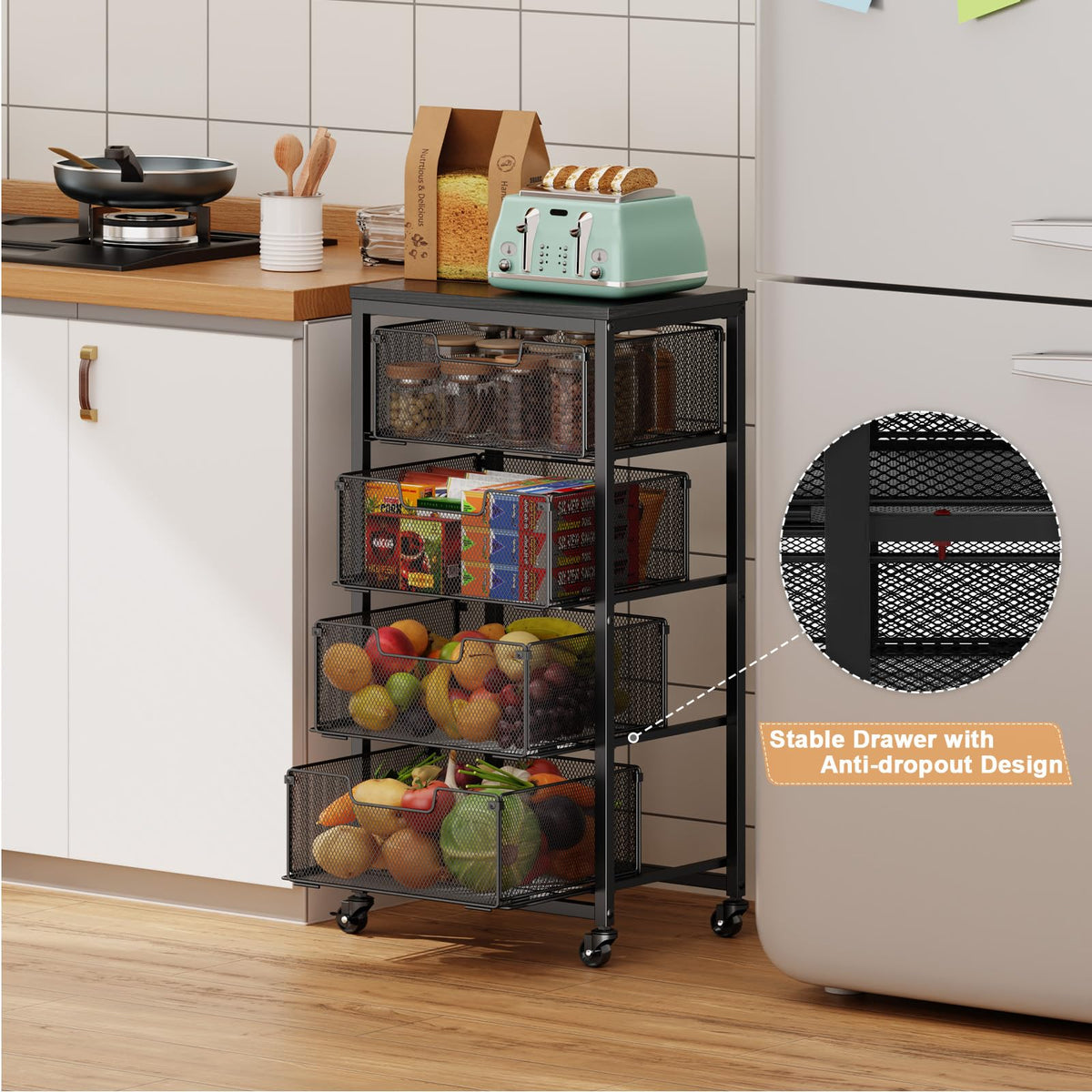Baxikayon 4-Tier Kitchen Storage Cart with Drawers, Rolling Fruit Vegetable Organizer with Wooden Top for Kitchen & Pantry, Black