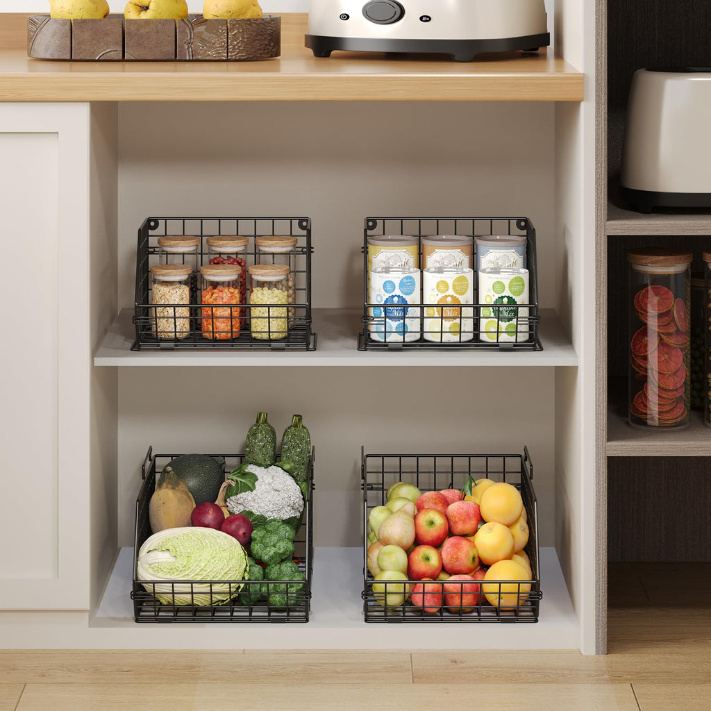 Baxikayon 2-Tier Stackable Wire Basket Organizer with Ventilated Mesh, Wall-Mounted Pantry Storage for Fruit, Vegetables, Snacks, Black
