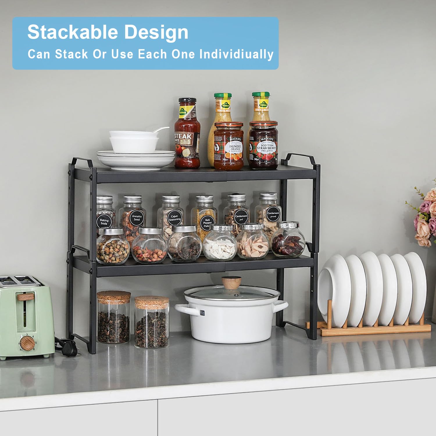 Baxikayon 2-Pack Expandable Cabinet Organizer Shelves, Stackable Shelf for Kitchen Countertop & Pantry Storage, Length 20.5", Black