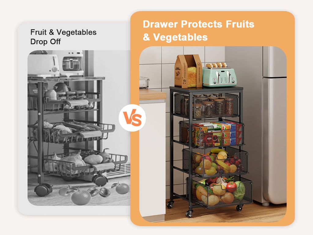 Baxikayon 4-Tier Kitchen Storage Cart with Drawers, Rolling Fruit Vegetable Organizer with Wooden Top for Kitchen & Pantry, Black